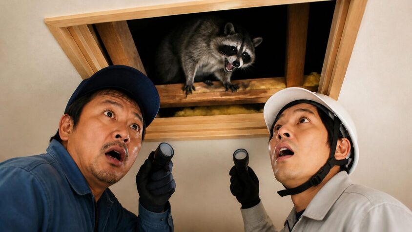 天井裏をすみかにする生き物。木造戸建ての屋根裏点検口で作業員2人が懐中電灯を向け驚いた表情