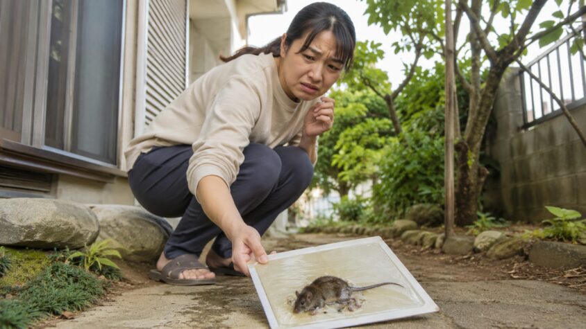 暴れるネズミがついたネズミ粘着シートごと外に放すのはNG、戸建ての庭先、立ち止まる女性1人、迷う表情