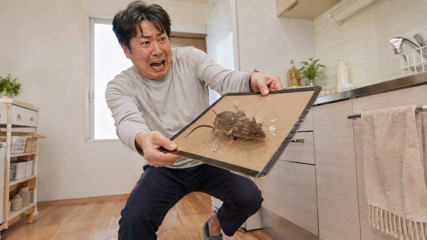 ネズミ粘着シートを持ち上げて運ぶのはNG、住宅の台所で、ネズミ粘着シートを持ち上げてしまう男性1人、慌てた表情