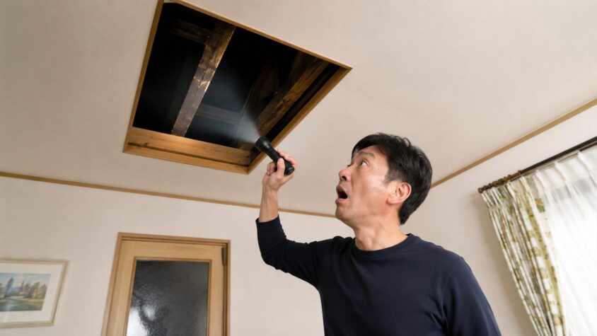 逃げたネズミはどこへ行ったのか|木造戸建ての天井裏の暗がりを懐中電灯で照らす|40代男性1人|口を開けて絶句