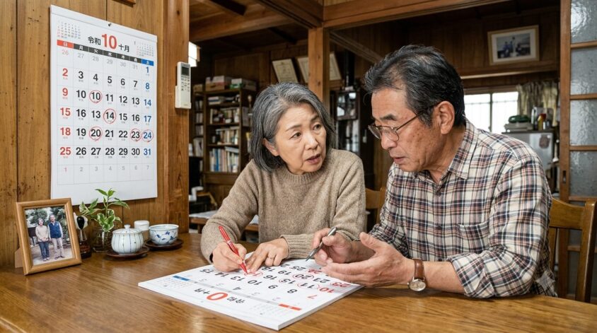 見切るまでの目安は10日〜2週間/木造戸建ての居間で夫婦2人がカレンダーに印をつけて相談する