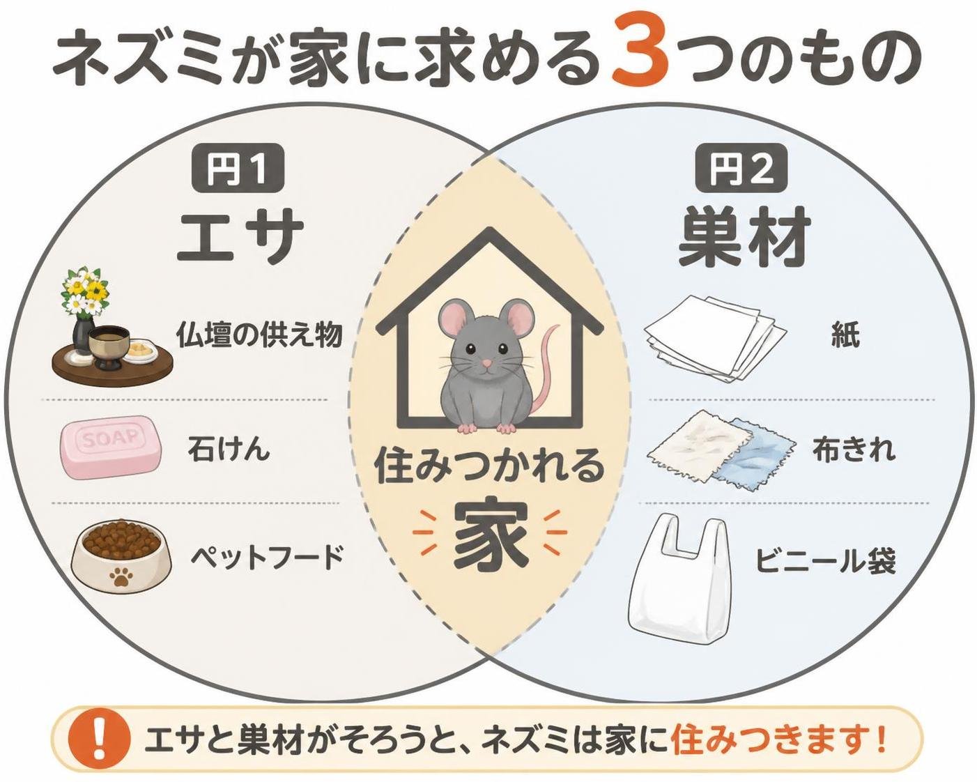 【ベン図作成】ネズミが家に求める3つのもの。円1:エサ（仏壇の供え物・石けん・ペットフード） / 円2:巣材（紙・布きれ・ビニール袋） / 重なり:住みつかれる家