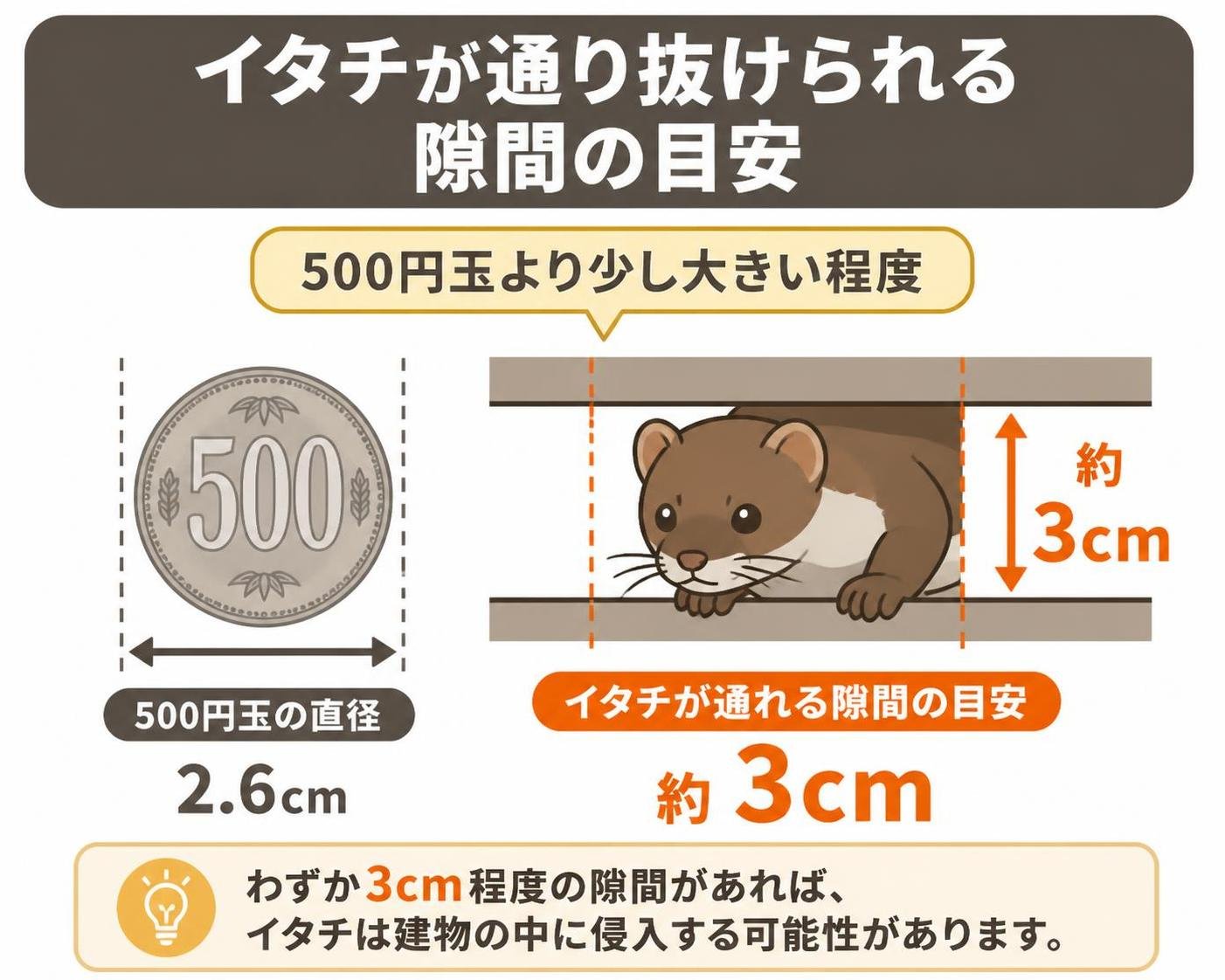 【数字カード作成】イタチが通り抜けられる隙間の目安(500円玉より少し大きい程度)。3cm