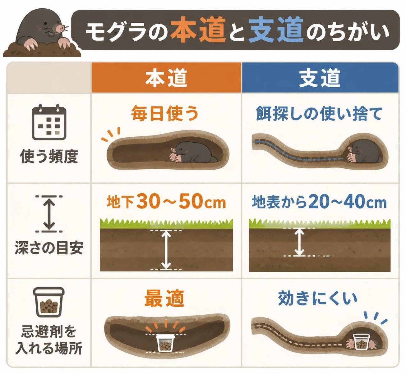 【比較表作成】モグラの本道と支道のちがい。本道: 使う頻度=毎日使う, 深さの目安=地下30〜50cm, 忌避剤を入れる場所=最適 / 支道: 使う頻度=餌探しの使い捨て, 深さの目安=地表から20〜40cm, 忌避剤を入れる場所=効きにくい