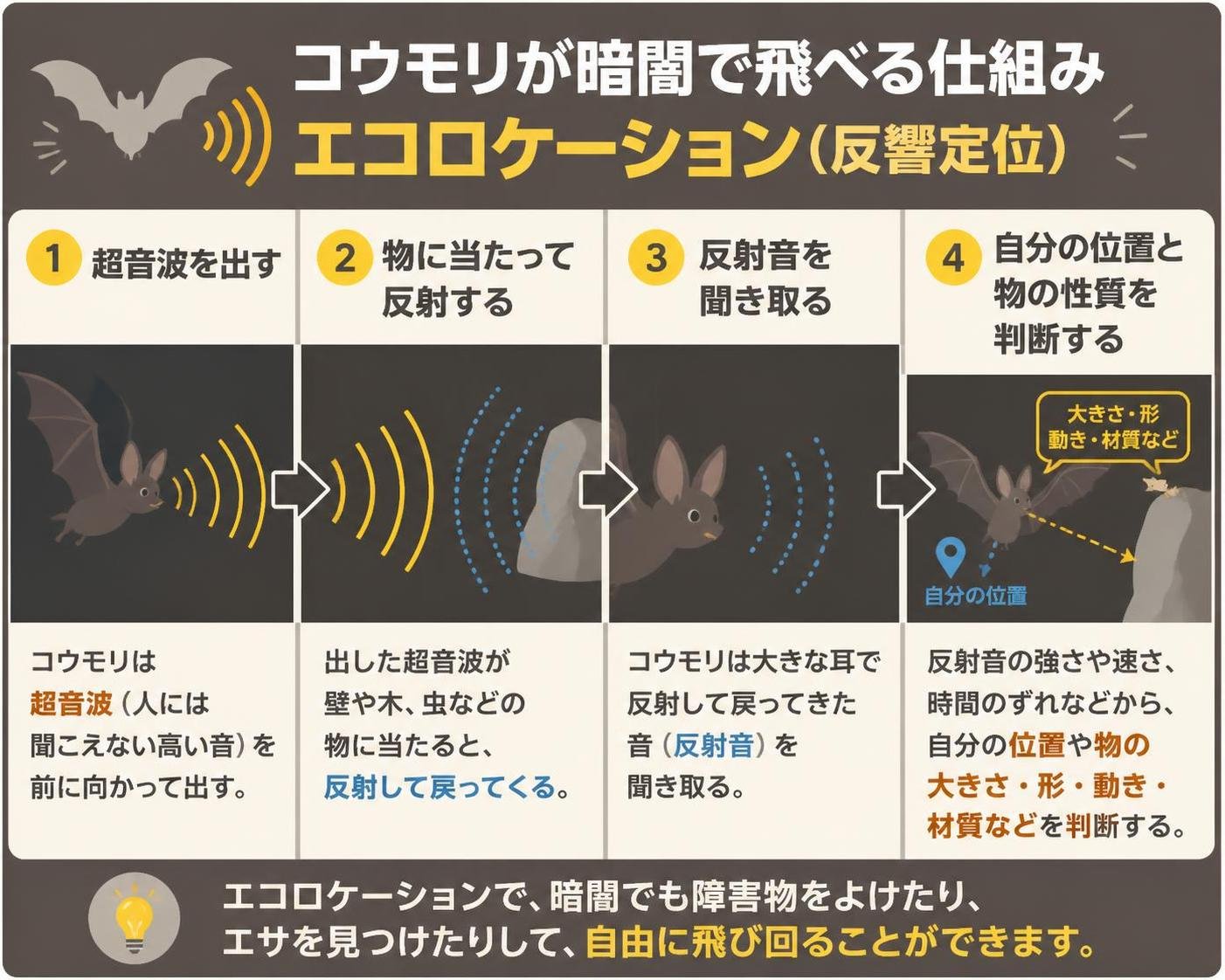 【ステップ作成】コウモリが暗闇で飛べる仕組み(エコロケーション):超音波を出す→物に当たって反射する→反射音を聞き取る→自分の位置と物の性質を判断する