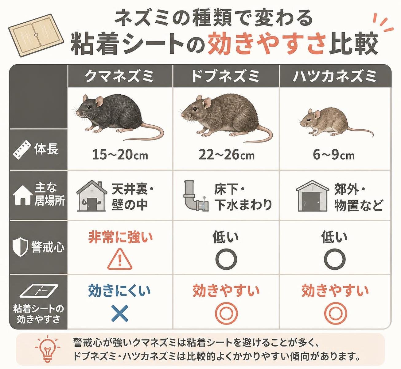 【比較表作成】ネズミの種類で変わる粘着シートの効きやすさ。クマネズミ: 体長=15〜20cm, 主な居場所=天井裏・壁の中, 警戒心=非常に強い, 粘着シート=効きにくい / ドブネズミ: 体長=22〜26cm, 主な居場所=床下・下水まわり, 警戒心=低い, 粘着シート=効きやすい / ハツカネズミ: 体長=6〜9cm, 主な居場所=郊外・物置など, 警戒心=低い, 粘着シート=効きやすい
