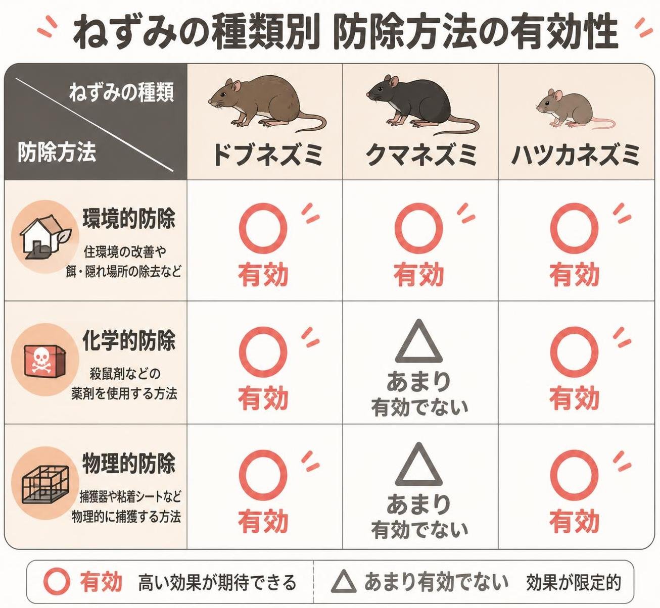 【比較表作成】ねずみの種類別 防除方法の有効性。ドブネズミ: 環境的防除=有効, 化学的防除=有効, 物理的防除=有効 / クマネズミ: 環境的防除=有効, 化学的防除=あまり有効でない, 物理的防除=あまり有効でない / ハツカネズミ: 環境的防除=有効, 化学的防除=有効, 物理的防除=有効