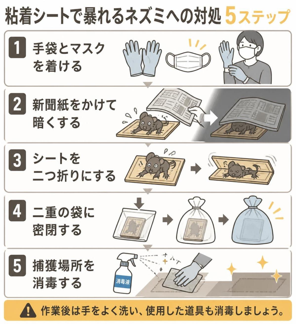 【ステップ作成】粘着シートで暴れるネズミへの対処5ステップ:手袋とマスクを着ける→新聞紙をかけて暗くする→シートを二つ折りにする→二重の袋に密閉する→捕獲場所を消毒する