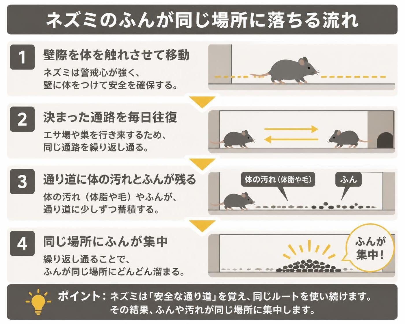 【ステップ作成】ネズミのふんが同じ場所に落ちる流れ:壁際を体を触れさせて移動→決まった通路を毎日往復→通り道に体の汚れとふんが残る→同じ場所にふんが集中