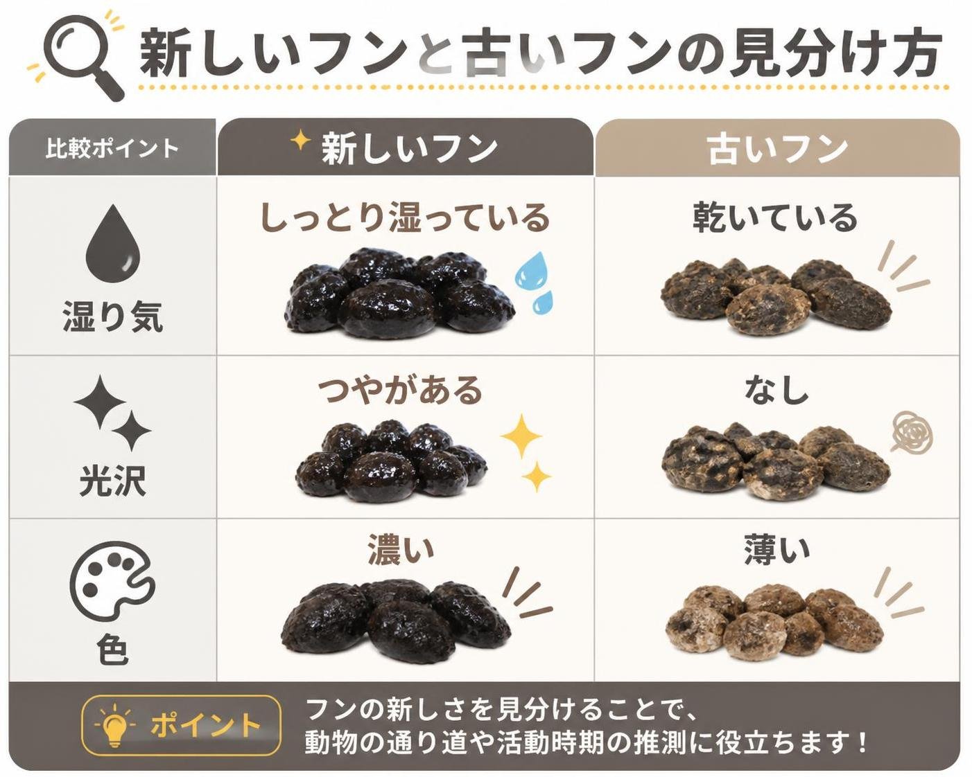 【比較表作成】新しいフンと古いフンの見分け方。新しいフン: 湿り気=しっとり湿っている, 光沢=つやがある, 色=濃い / 古いフン: 湿り気=乾いている, 光沢=なし, 色=薄い