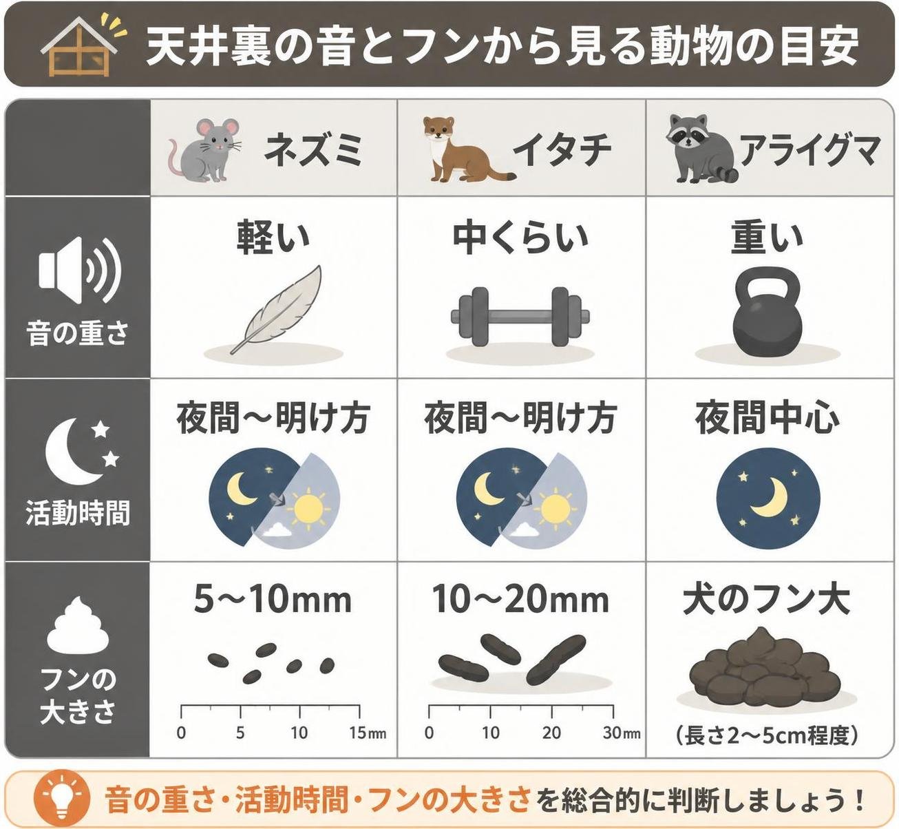 【比較表作成】天井裏の音とフンから見る動物の目安。ネズミ: 音の重さ=軽い, 活動時間=夜間〜明け方, フンの大きさ=5〜10mm / イタチ: 音の重さ=中くらい, 活動時間=夜間〜明け方, フンの大きさ=10〜20mm / アライグマ: 音の重さ=重い, 活動時間=夜間中心, フンの大きさ=犬のフン大