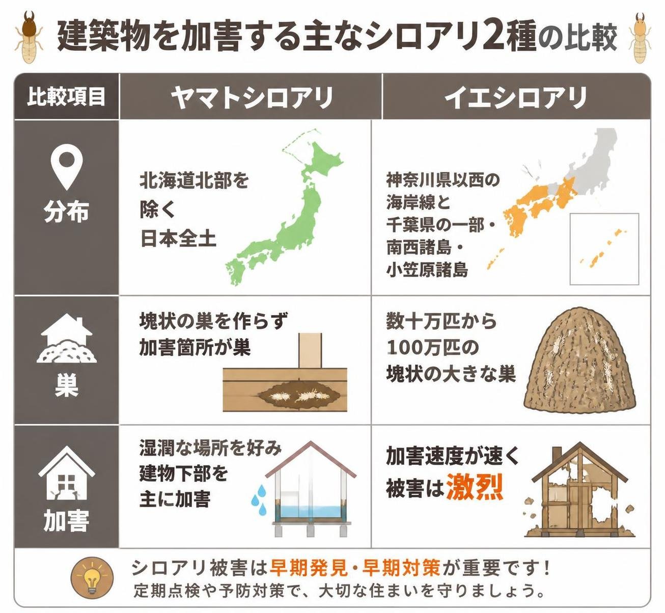 【比較表作成】建築物を加害する主なシロアリ2種の比較。ヤマトシロアリ: 分布=北海道北部を除く日本全土, 巣=塊状の巣を作らず加害箇所が巣, 加害=湿潤な場所を好み建物下部を主に加害 / イエシロアリ: 分布=神奈川県以西の海岸線と千葉県の一部・南西諸島・小笠原諸島, 巣=数十万匹から100万匹の塊状の大きな巣, 加害=加害速度が速く被害は激烈