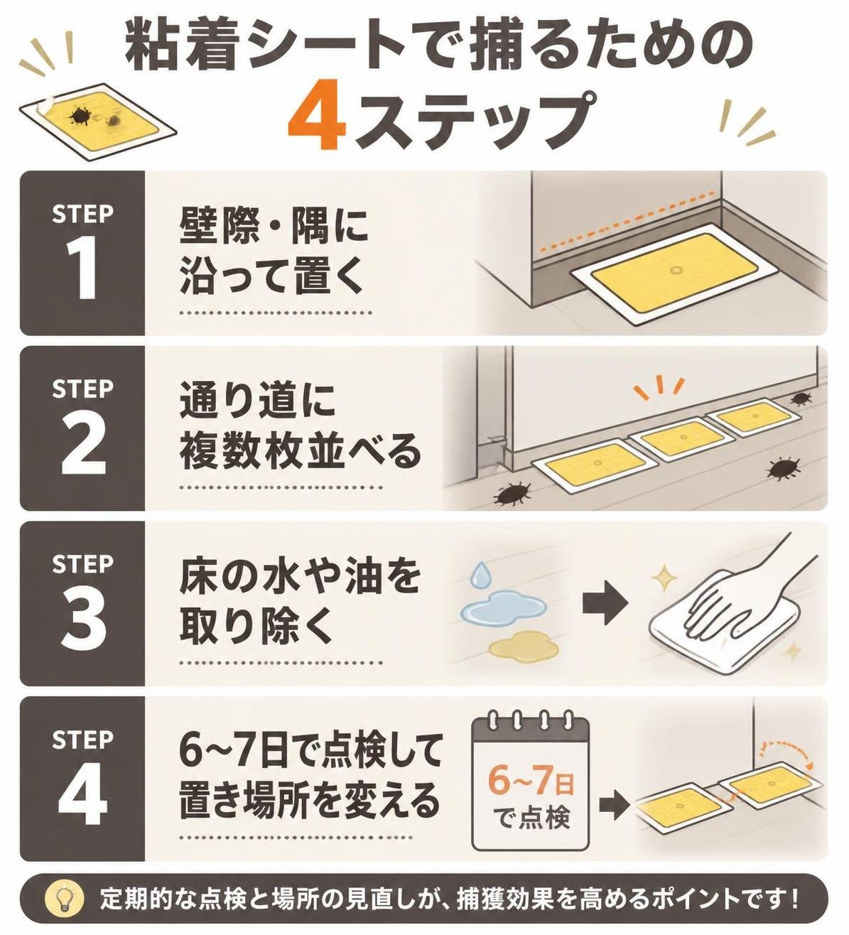 【ステップ作成】粘着シートで捕るための4ステップ:壁際・隅に沿って置く→通り道に複数枚並べる→床の水や油を取り除く→6〜7日で点検して置き場所を変える