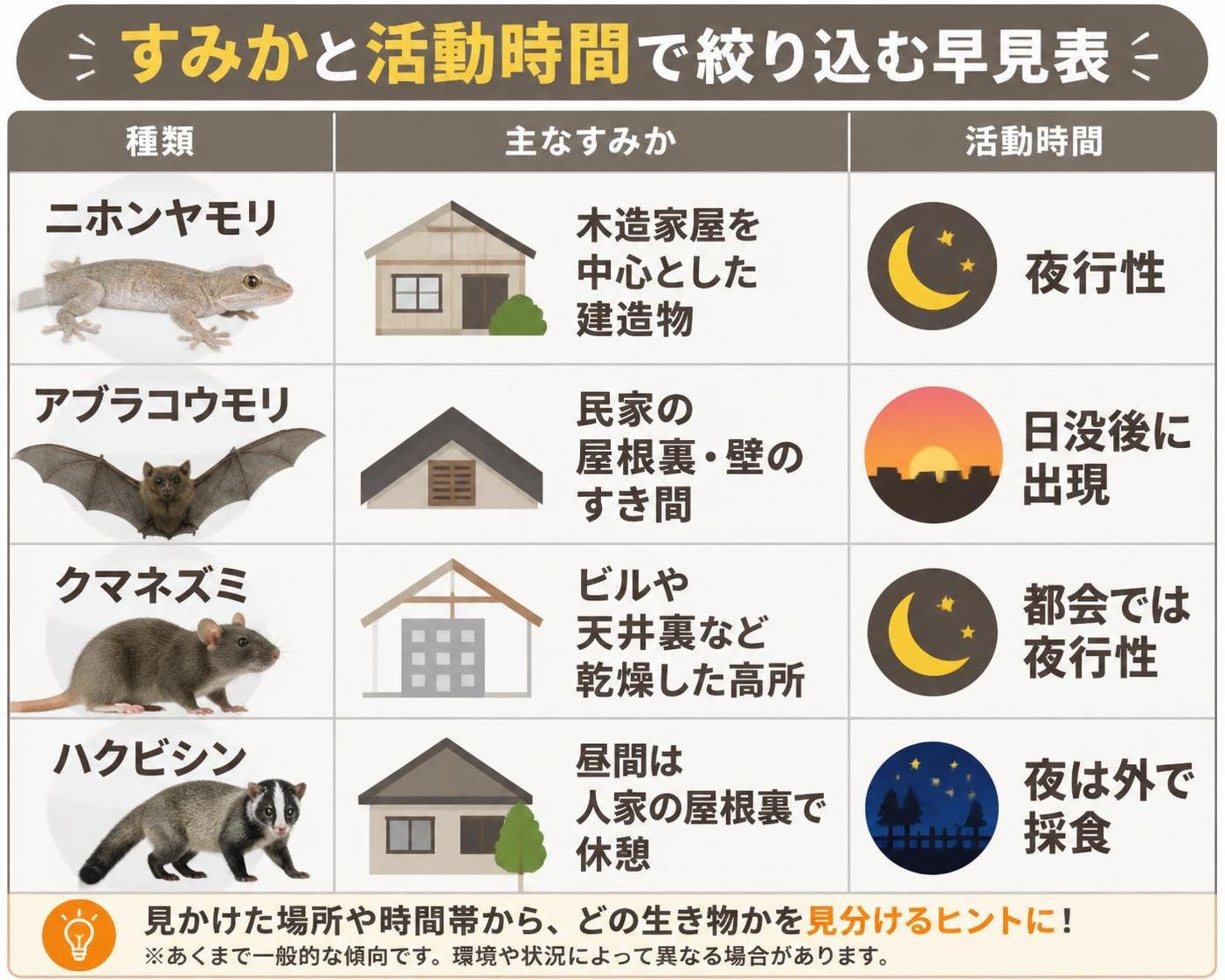 【比較表作成】すみかと活動時間で絞り込む早見表。ニホンヤモリ: 主なすみか=木造家屋を中心とした建造物, 活動時間=夜行性 / アブラコウモリ: 主なすみか=民家の屋根裏・壁のすき間, 活動時間=日没後に出現 / クマネズミ: 主なすみか=ビルや天井裏など乾燥した高所, 活動時間=都会では夜行性 / ハクビシン: 主なすみか=昼間は人家の屋根裏で休憩, 活動時間=夜は外で採食