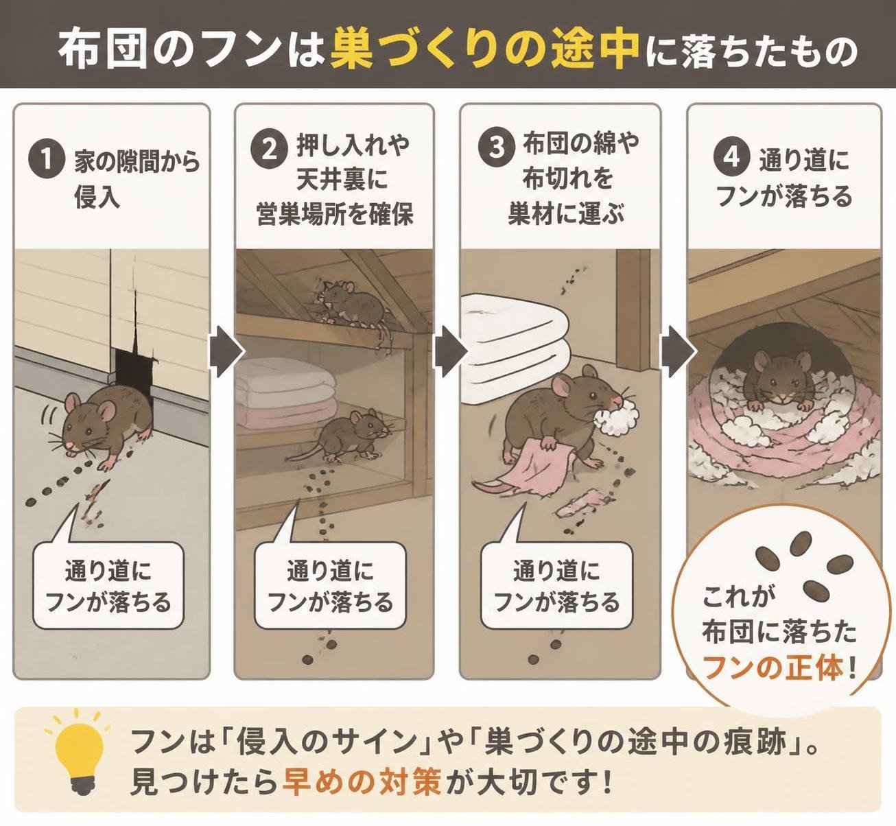 【ステップ作成】布団のフンは巣づくりの途中に落ちたもの:家の隙間から侵入→押し入れや天井裏に営巣場所を確保→布団の綿や布切れを巣材に運ぶ→通り道にフンが落ちる