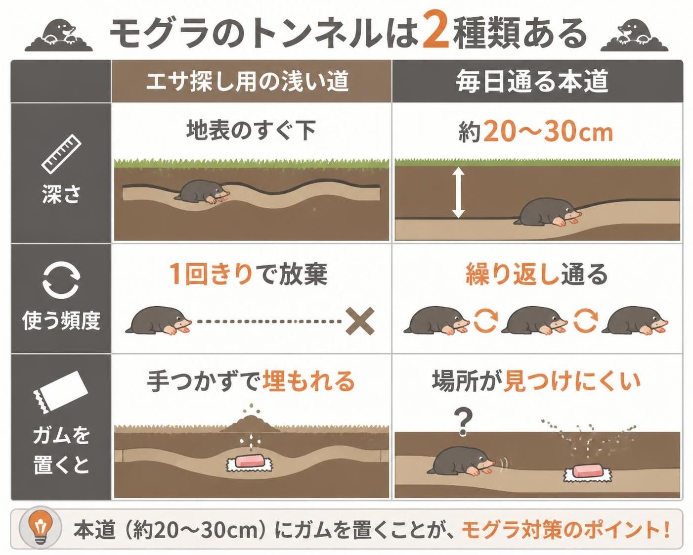 【比較表作成】モグラのトンネルは2種類ある。エサ探し用の浅い道: 深さ=地表のすぐ下, 使う頻度=1回きりで放棄, ガムを置くと=手つかずで埋もれる / 毎日通る本道: 深さ=約20〜30cm, 使う頻度=繰り返し通る, ガムを置くと=場所が見つけにくい