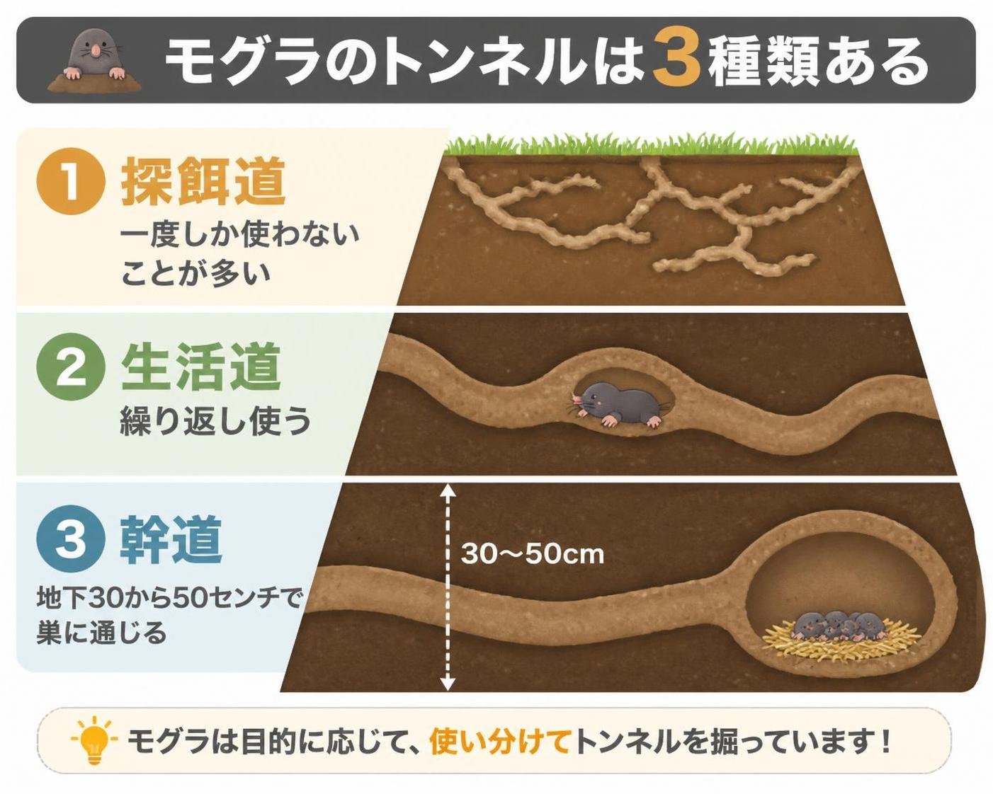 【ピラミッド作成】モグラのトンネルは3種類ある。上から:探餌道 一度しか使わないことが多い / 生活道 繰り返し使う / 幹道 地下30から50センチで巣に通じる