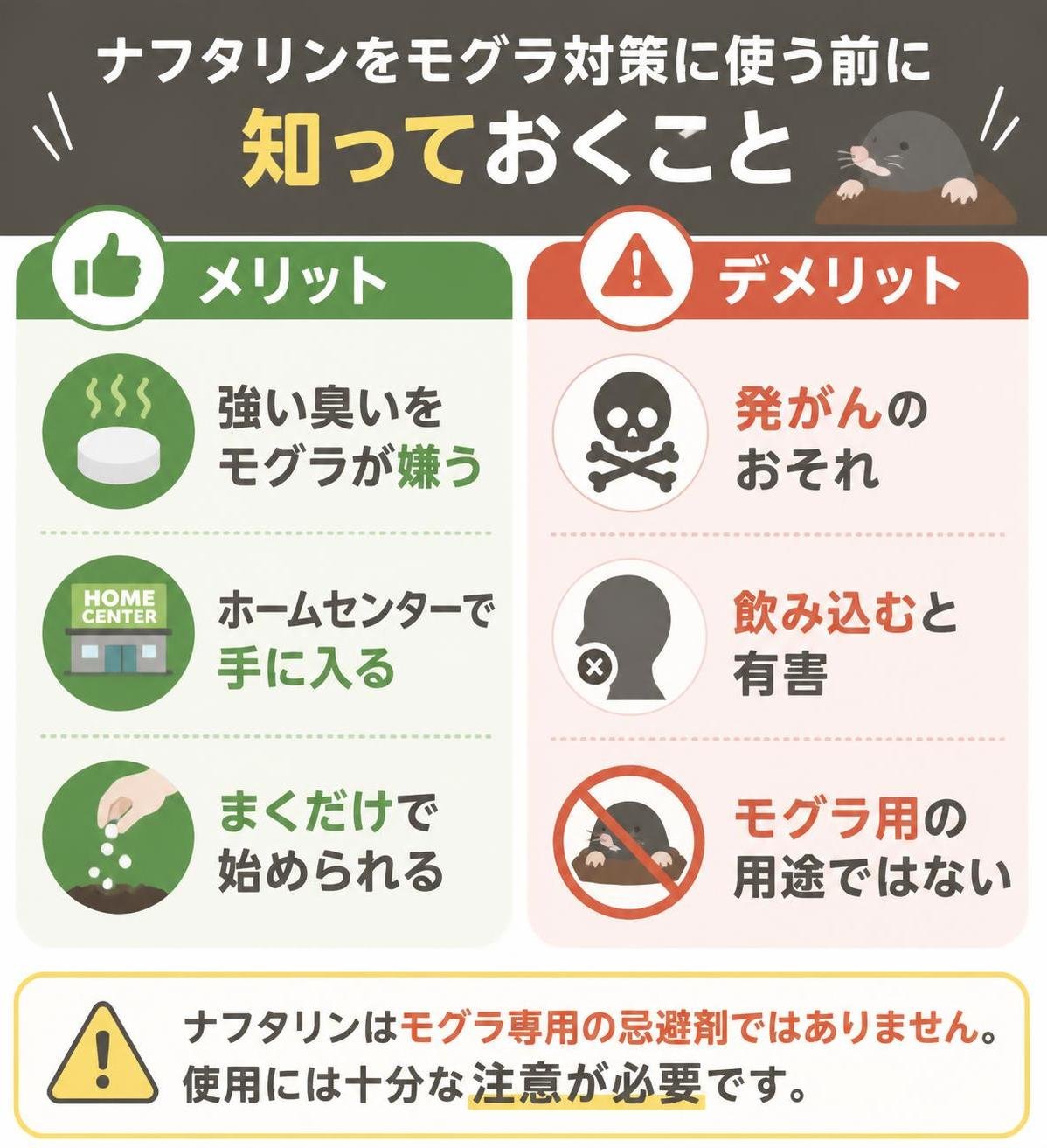 【メリデメ作成】ナフタリンをモグラ対策に使う前に知っておくこと。メリット:強い臭いをモグラが嫌う / ホームセンターで手に入る / まくだけで始められる // デメリット:発がんのおそれ / 飲み込むと有害 / モグラ用の用途ではない