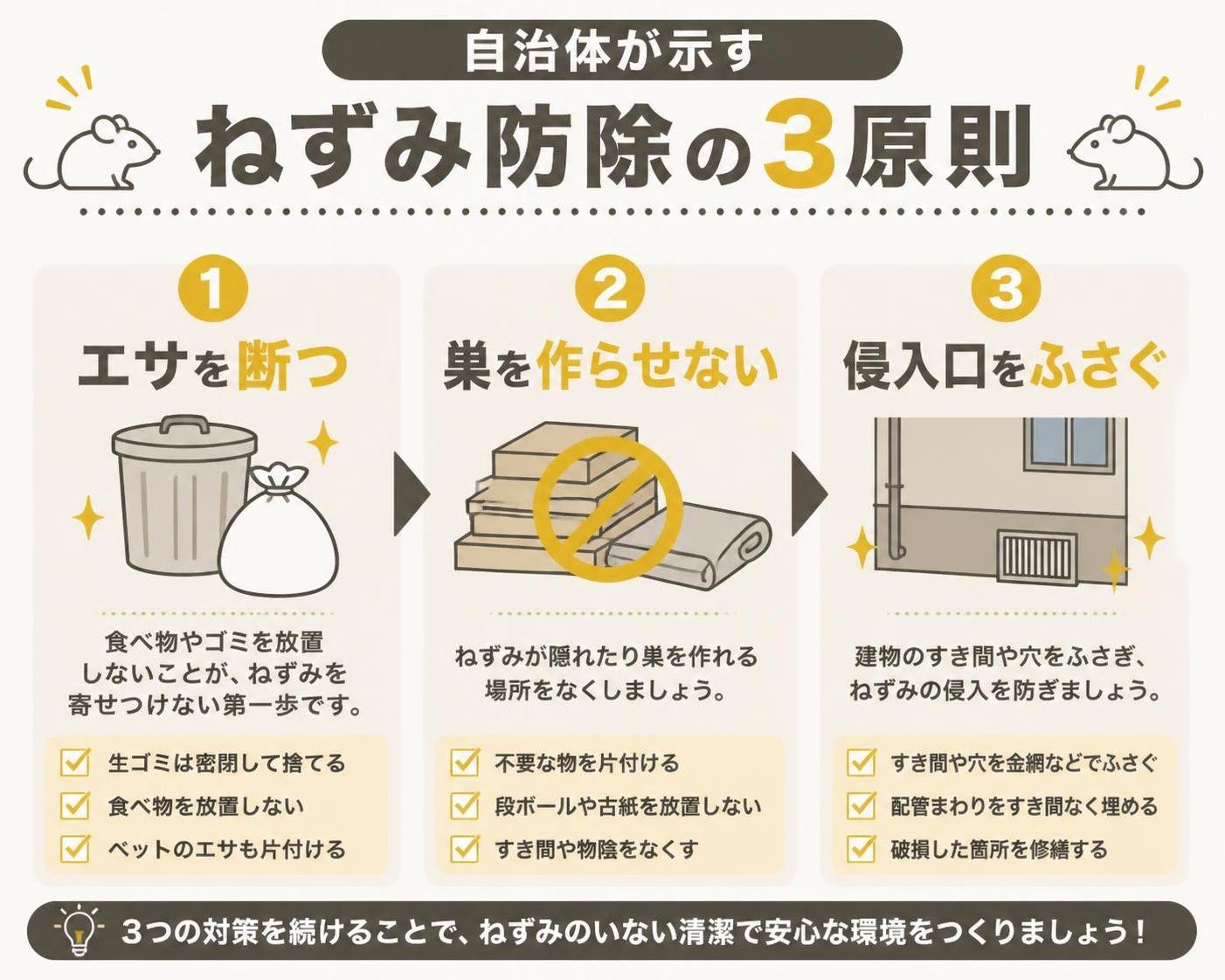 【ステップ作成】自治体が示すねずみ防除の3原則:エサを断つ→巣を作らせない→侵入口をふさぐ