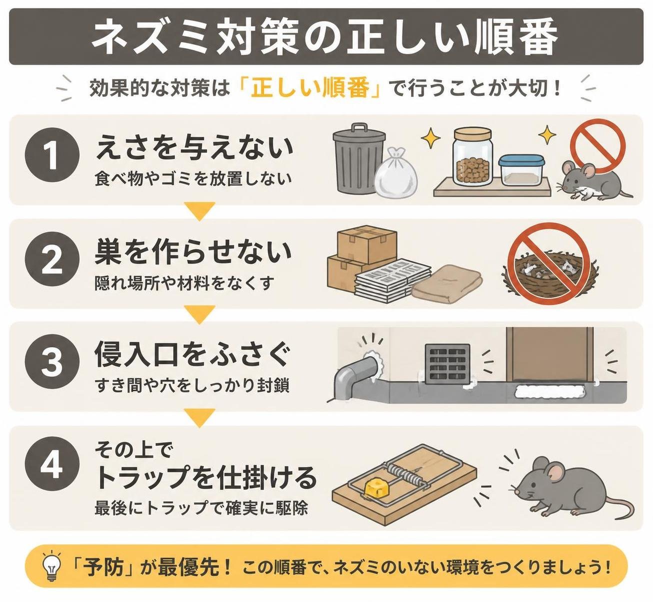 【ステップ作成】ネズミ対策の正しい順番:えさを与えない→巣を作らせない→侵入口をふさぐ→その上でトラップを仕掛ける