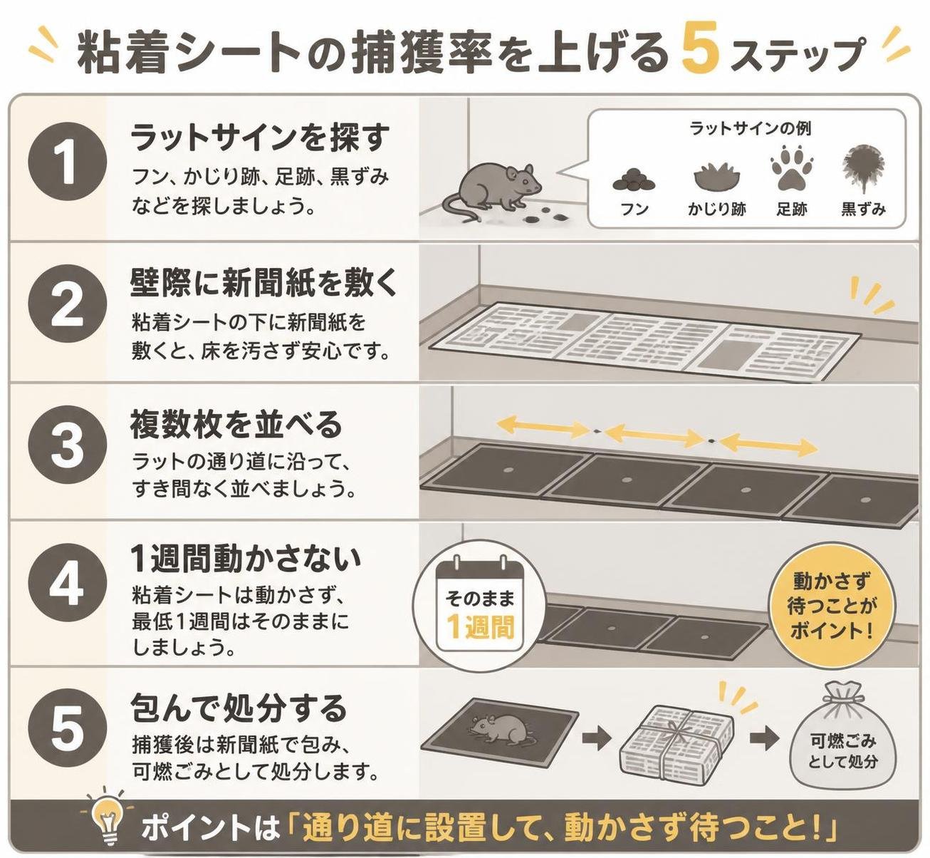 【ステップ作成】粘着シートの捕獲率を上げる5ステップ:ラットサインを探す→壁際に新聞紙を敷く→複数枚を並べる→1週間動かさない→包んで処分