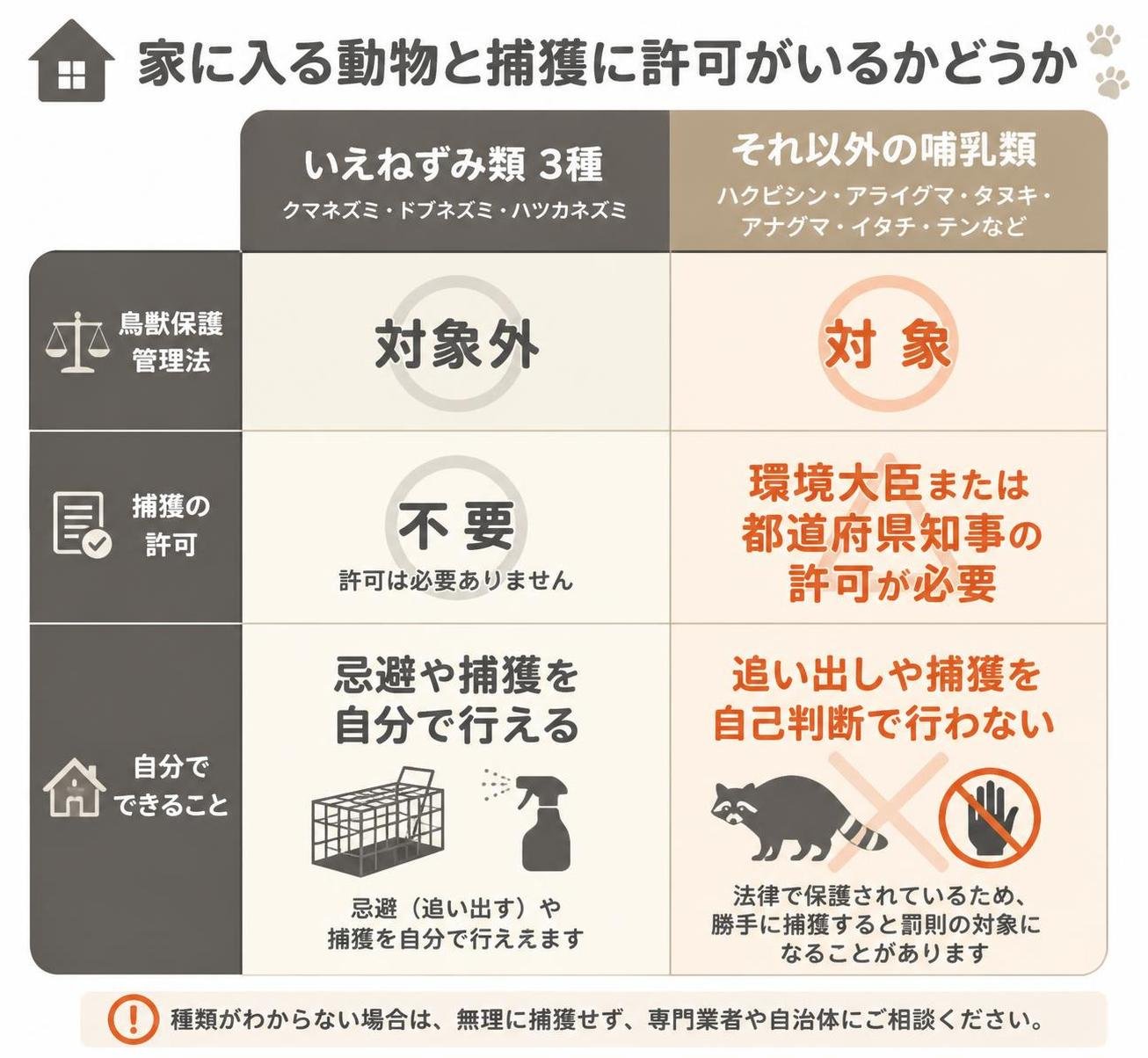 【比較表作成】家に入る動物と捕獲に許可がいるかどうか。いえねずみ類3種: 鳥獣保護管理法=対象外, 捕獲の許可=不要, 自分でできること=忌避や捕獲を自分で行える / それ以外の哺乳類: 鳥獣保護管理法=対象, 捕獲の許可=環境大臣または都道府県知事の許可が必要, 自分でできること=追い出しや捕獲を自己判断で行わない
