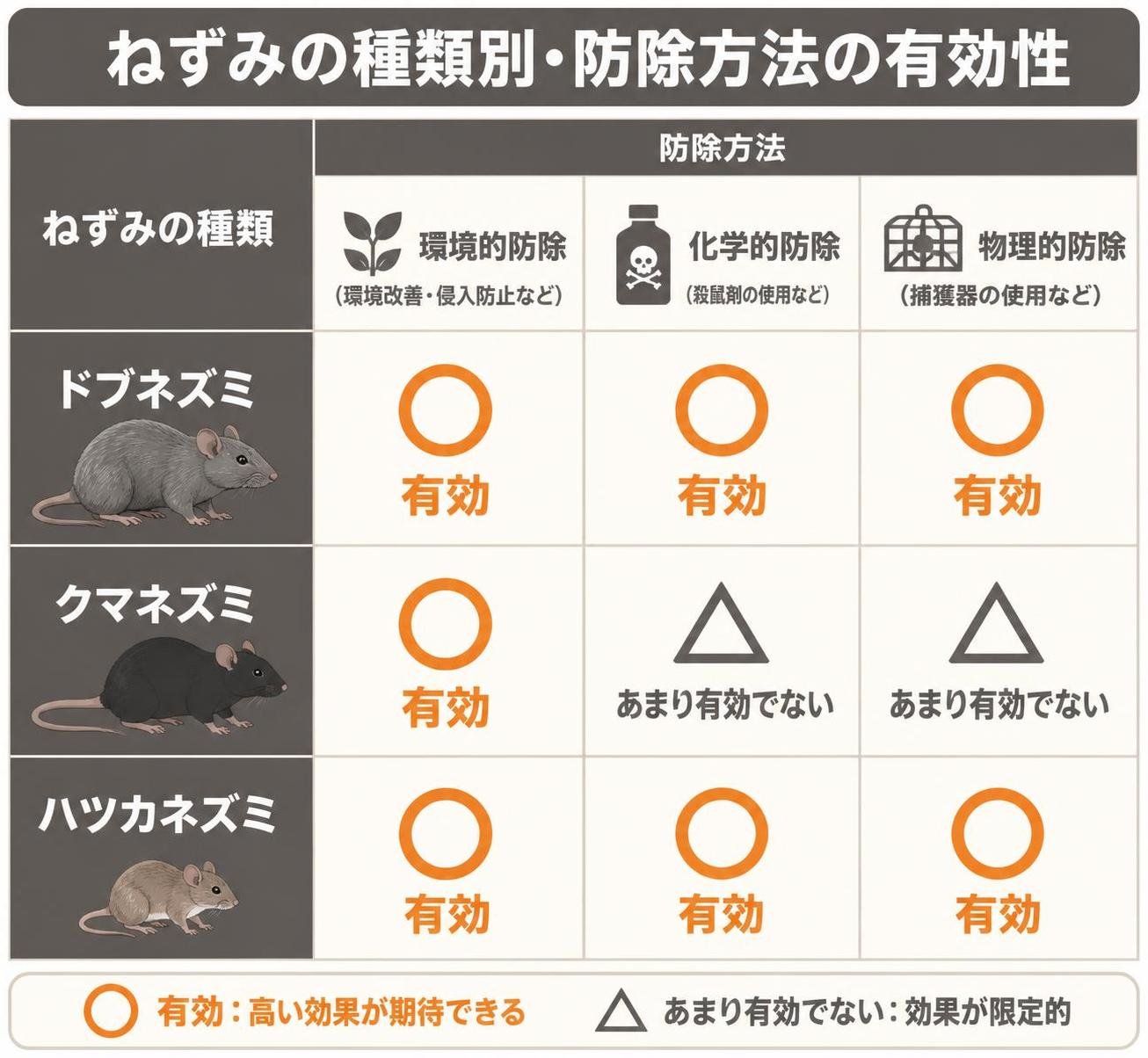 【比較表作成】ねずみの種類別・防除方法の有効性。ドブネズミ: 環境的防除=有効, 化学的防除=有効, 物理的防除=有効 / クマネズミ: 環境的防除=有効, 化学的防除=あまり有効でない, 物理的防除=あまり有効でない / ハツカネズミ: 環境的防除=有効, 化学的防除=有効, 物理的防除=有効