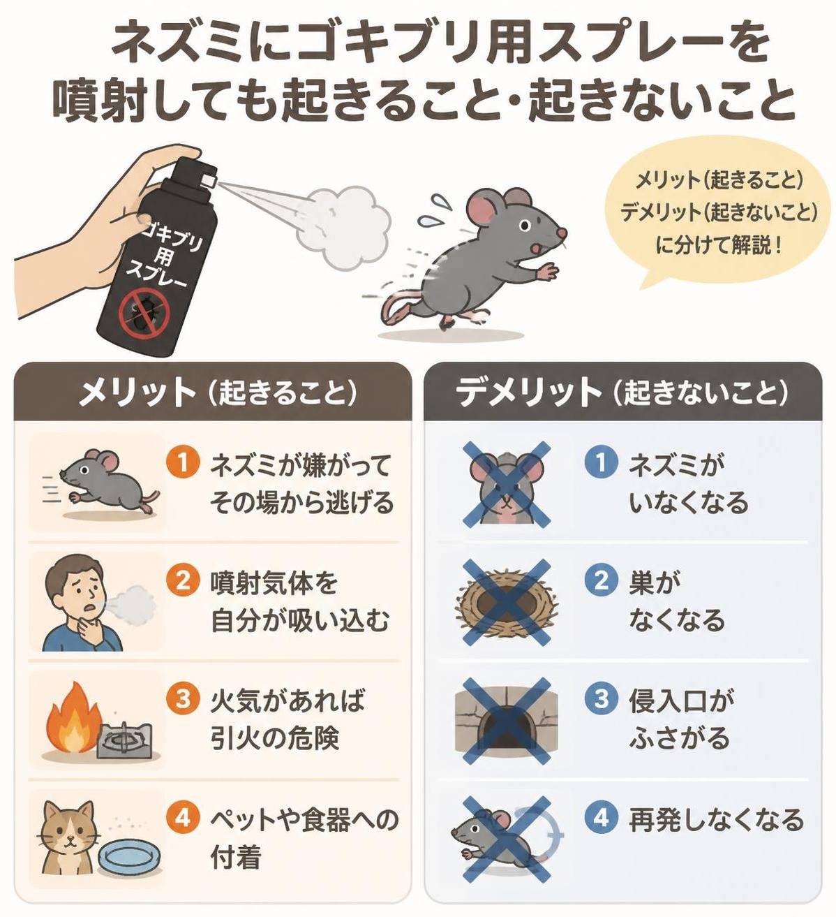 【メリデメ作成】ネズミにゴキブリ用スプレーを噴射しても起きること・起きないこと。メリット:ネズミが嫌がってその場から逃げる / 噴射気体を自分が吸い込む / 火気があれば引火の危険 / ペットや食器への付着 // デメリット:ネズミがいなくなる / 巣がなくなる / 侵入口がふさがる / 再発しなくなる