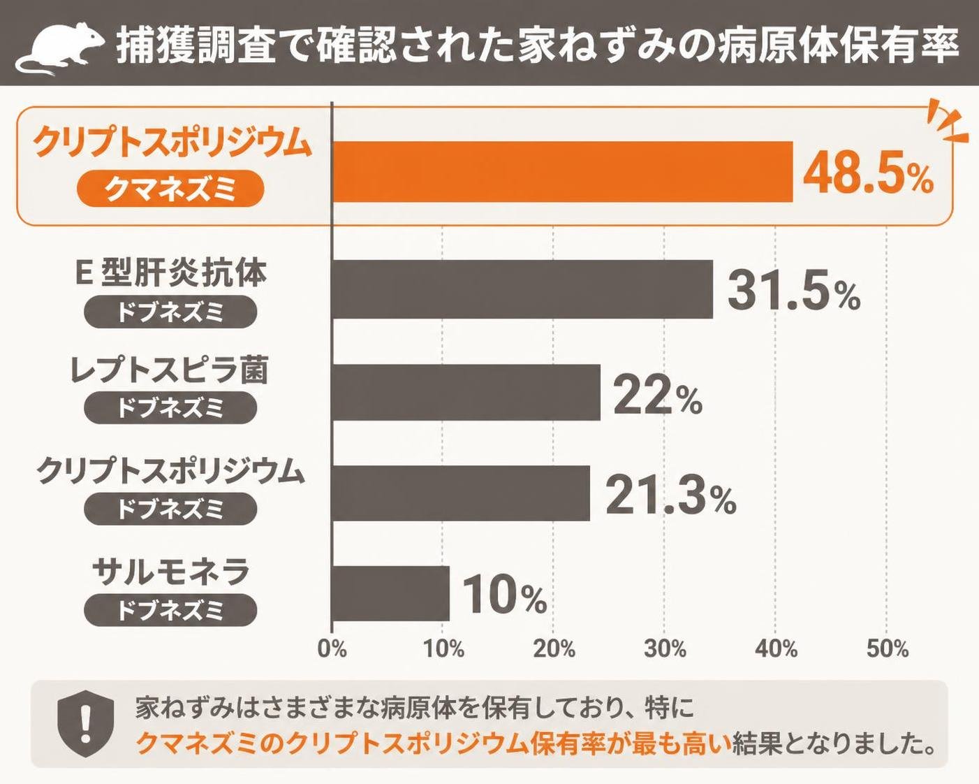 【横棒比較作成】捕獲調査で確認された家ねずみの病原体保有率。クリプトスポリジウム クマネズミ:48.5% / E型肝炎抗体 ドブネズミ:31.5% / レプトスピラ菌 ドブネズミ:22% / クリプトスポリジウム ドブネズミ:21.3% / サルモネラ ドブネズミ:10%。クリプトスポリジウム クマネズミを強調