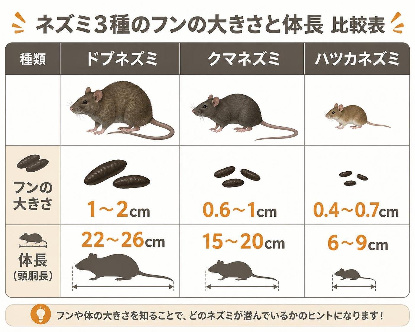 【比較表作成】ネズミ3種のフンの大きさと体長。ドブネズミ: フンの大きさ=1〜2cm, 体長=22〜26cm / クマネズミ: フンの大きさ=0.6〜1cm, 体長=15〜20cm / ハツカネズミ: フンの大きさ=0.4〜0.7cm, 体長=6〜9cm