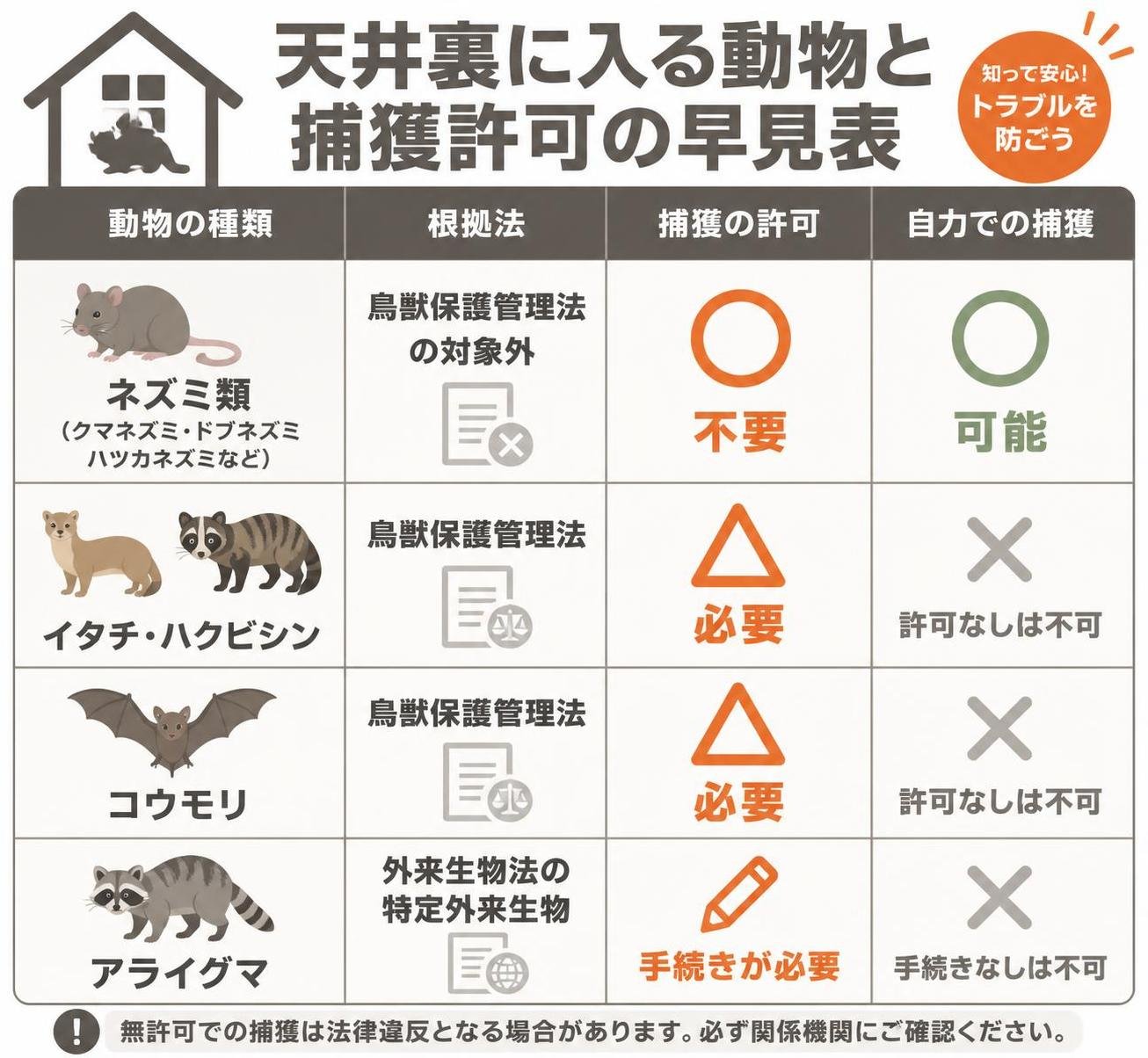 【比較表作成】天井裏に入る動物と捕獲許可の早見表。ネズミ類: 根拠法=鳥獣保護管理法の対象外, 捕獲の許可=不要, 自力での捕獲=可能 / イタチ・ハクビシン: 根拠法=鳥獣保護管理法, 捕獲の許可=必要, 自力での捕獲=許可なしは不可 / コウモリ: 根拠法=鳥獣保護管理法, 捕獲の許可=必要, 自力での捕獲=許可なしは不可 / アライグマ: 根拠法=外来生物法の特定外来生物, 捕獲の許可=手続きが必要, 自力での捕獲=手続きなしは不可