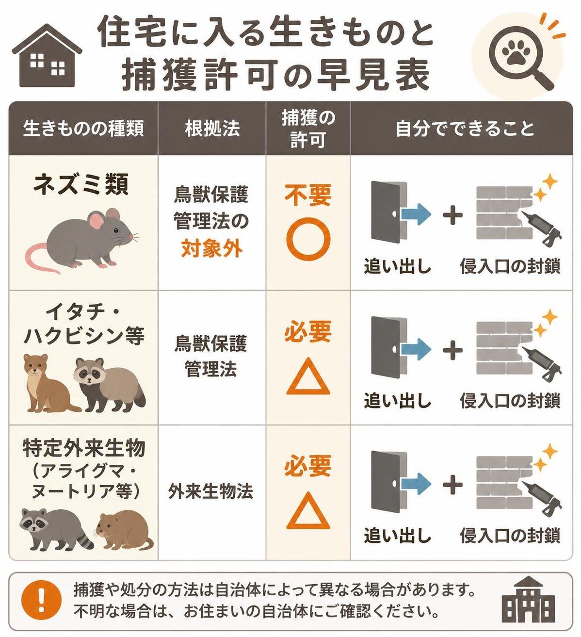 【比較表作成】住宅に入る生きものと捕獲許可の早見表。ネズミ類: 根拠法=鳥獣保護管理法の対象外, 捕獲の許可=不要, 自分でできること=追い出しと侵入口の封鎖 / イタチ・ハクビシン等: 根拠法=鳥獣保護管理法, 捕獲の許可=必要, 自分でできること=追い出しと侵入口の封鎖 / 特定外来生物: 根拠法=外来生物法, 捕獲の許可=必要, 自分でできること=追い出しと侵入口の封鎖