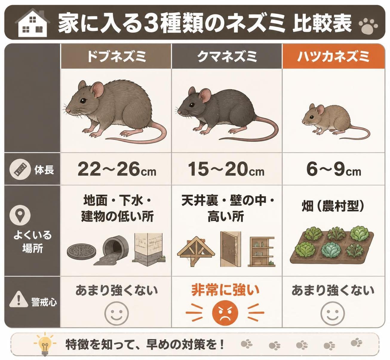 【比較表作成】家に入る3種類のネズミ。ドブネズミ: 体長=22〜26cm, よくいる場所=地面・下水・建物の低い所, 警戒心=あまり強くない / クマネズミ: 体長=15〜20cm, よくいる場所=天井裏・壁の中・高い所, 警戒心=非常に強い / ハツカネズミ: 体長=6〜9cm, よくいる場所=畑(農村型), 警戒心=あまり強くない