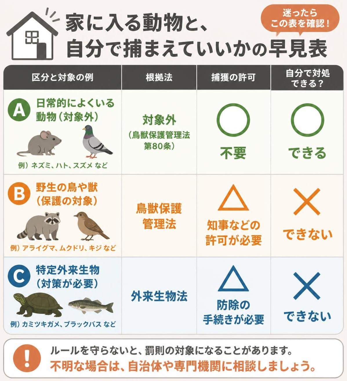 【比較表作成】家に入る動物と、自分で捕まえていいかの早見表。行A: 根拠法=対象外(鳥獣保護管理法第80条), 捕獲の許可=不要, 自分で対処=できる / 行B: 根拠法=鳥獣保護管理法, 捕獲の許可=知事などの許可が必要, 自分で対処=できない / 行C: 根拠法=外来生物法, 捕獲の許可=防除の手続きが必要, 自分で対処=できない