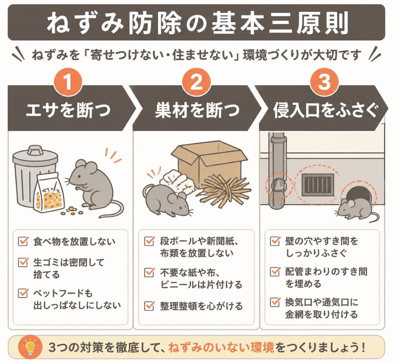 【ステップ作成】ねずみ防除の基本三原則:エサを断つ→巣材を断つ→侵入口をふさぐ