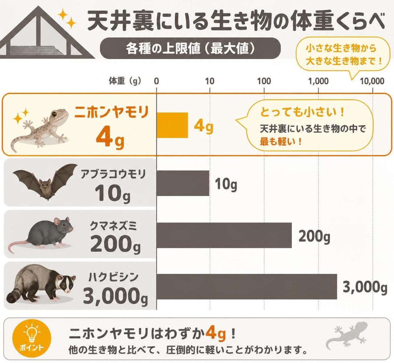 【横棒比較作成】天井裏にいる生き物の体重くらべ（各種の上限値）。ニホンヤモリ:4g / アブラコウモリ:10g / クマネズミ:200g / ハクビシン:3000g　ニホンヤモリを強調