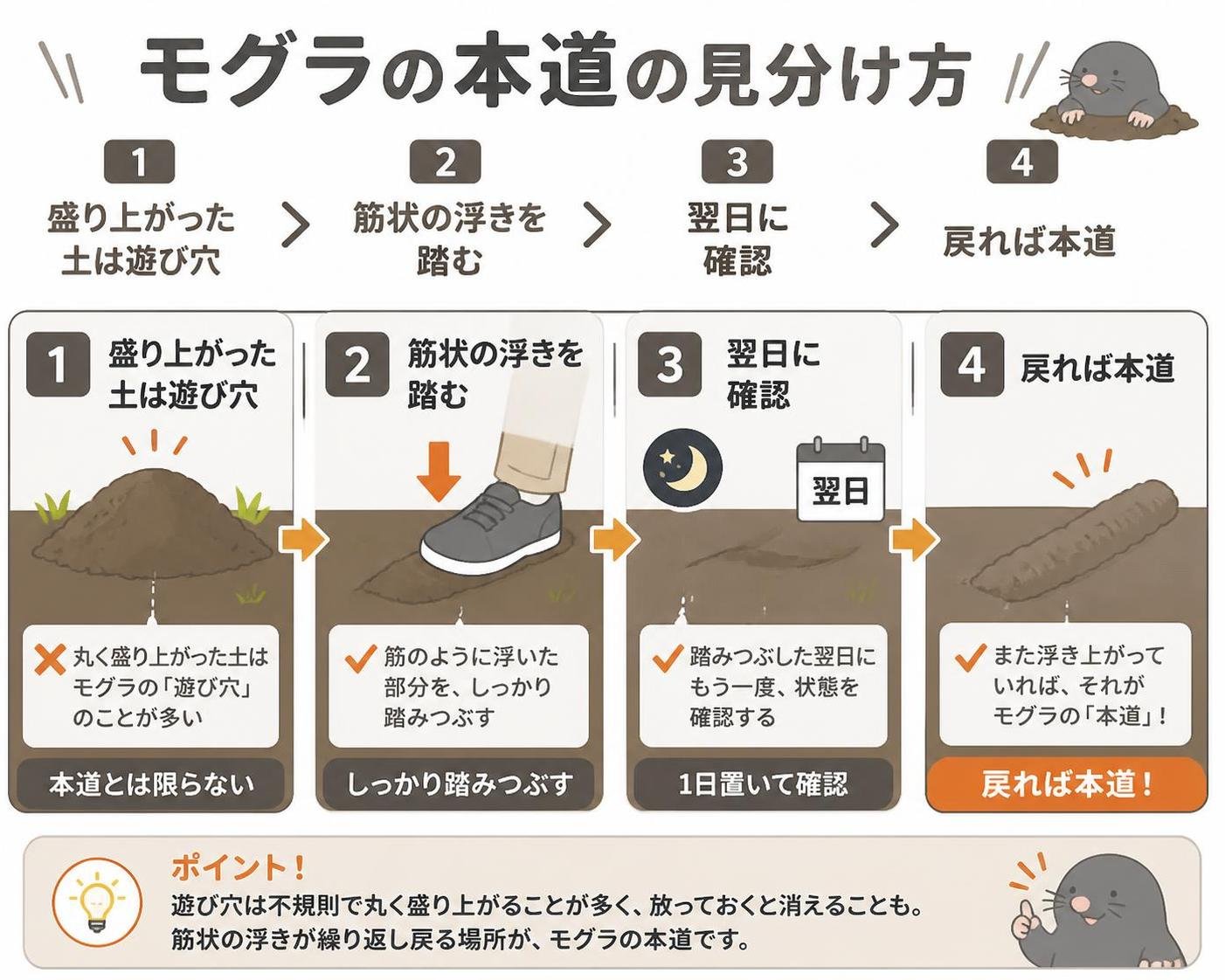 【ステップ作成】モグラの本道の見分け方:盛り上がった土は遊び穴→筋状の浮きを踏む→翌日に確認→戻れば本道