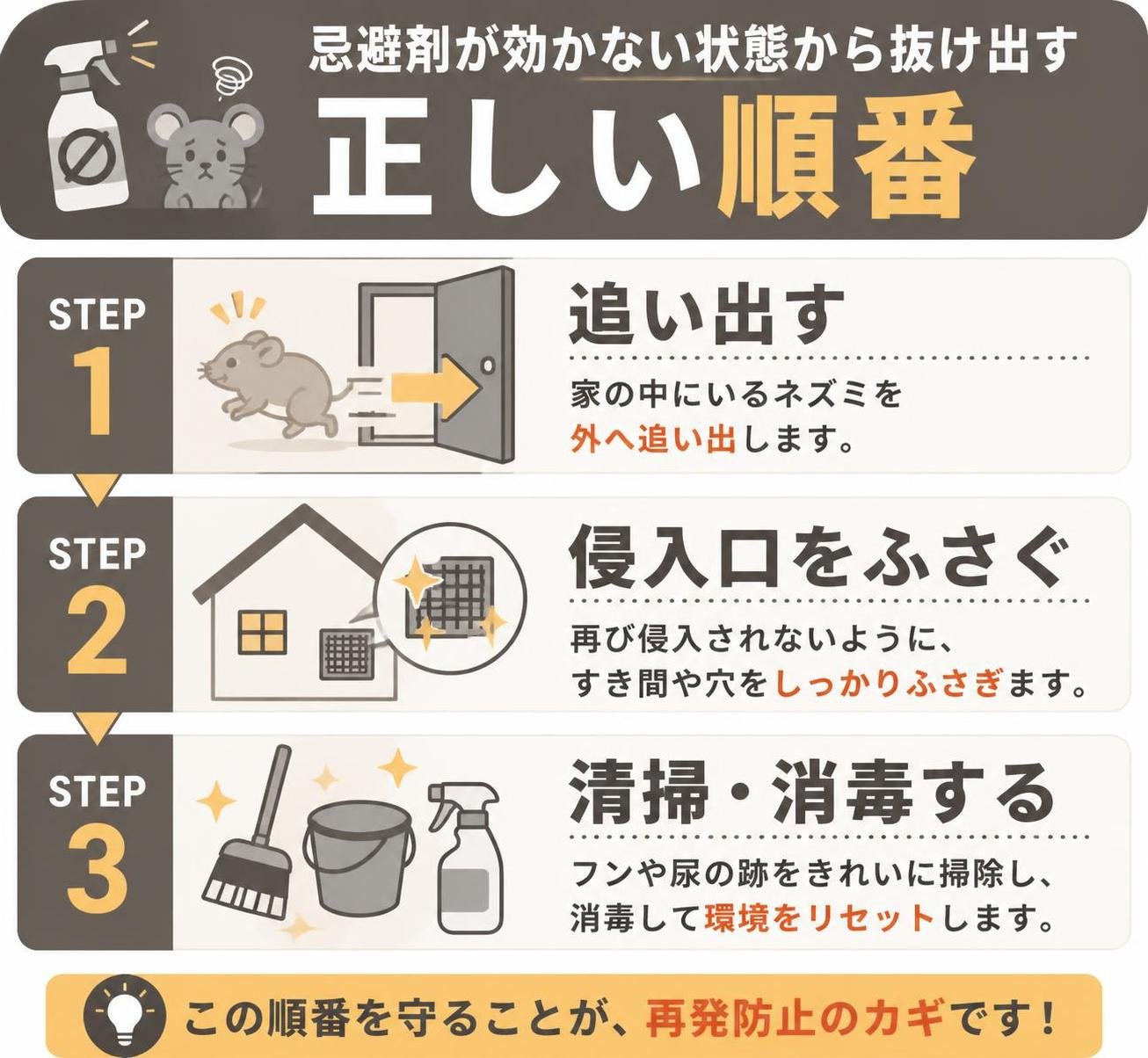 【ステップ作成】忌避剤が効かない状態から抜け出す正しい順番:追い出す→侵入口をふさぐ→清掃・消毒する