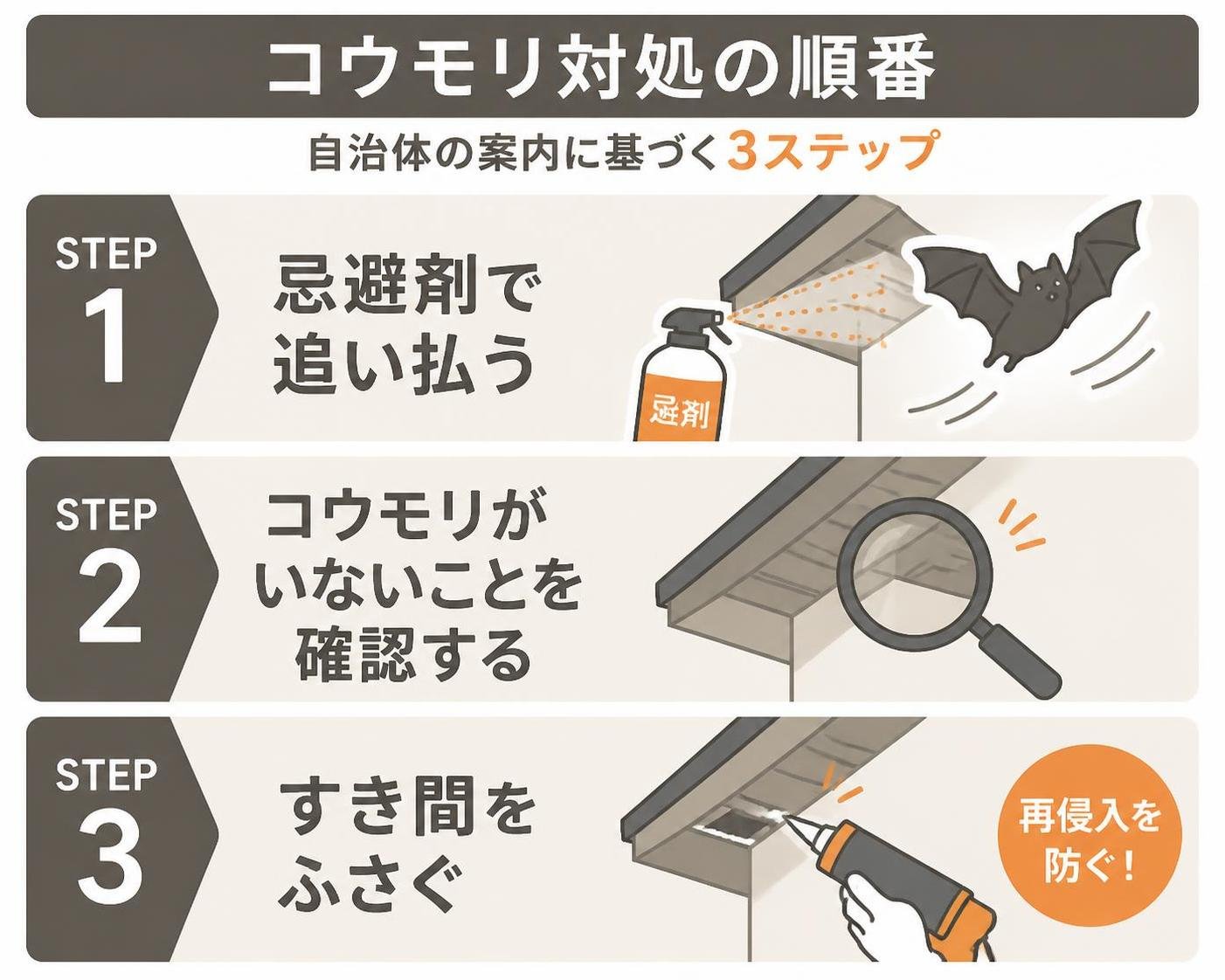【ステップ作成】自治体が案内しているコウモリ対処の順番:忌避剤で追い払う→コウモリがいないことを確認する→すき間をふさぐ