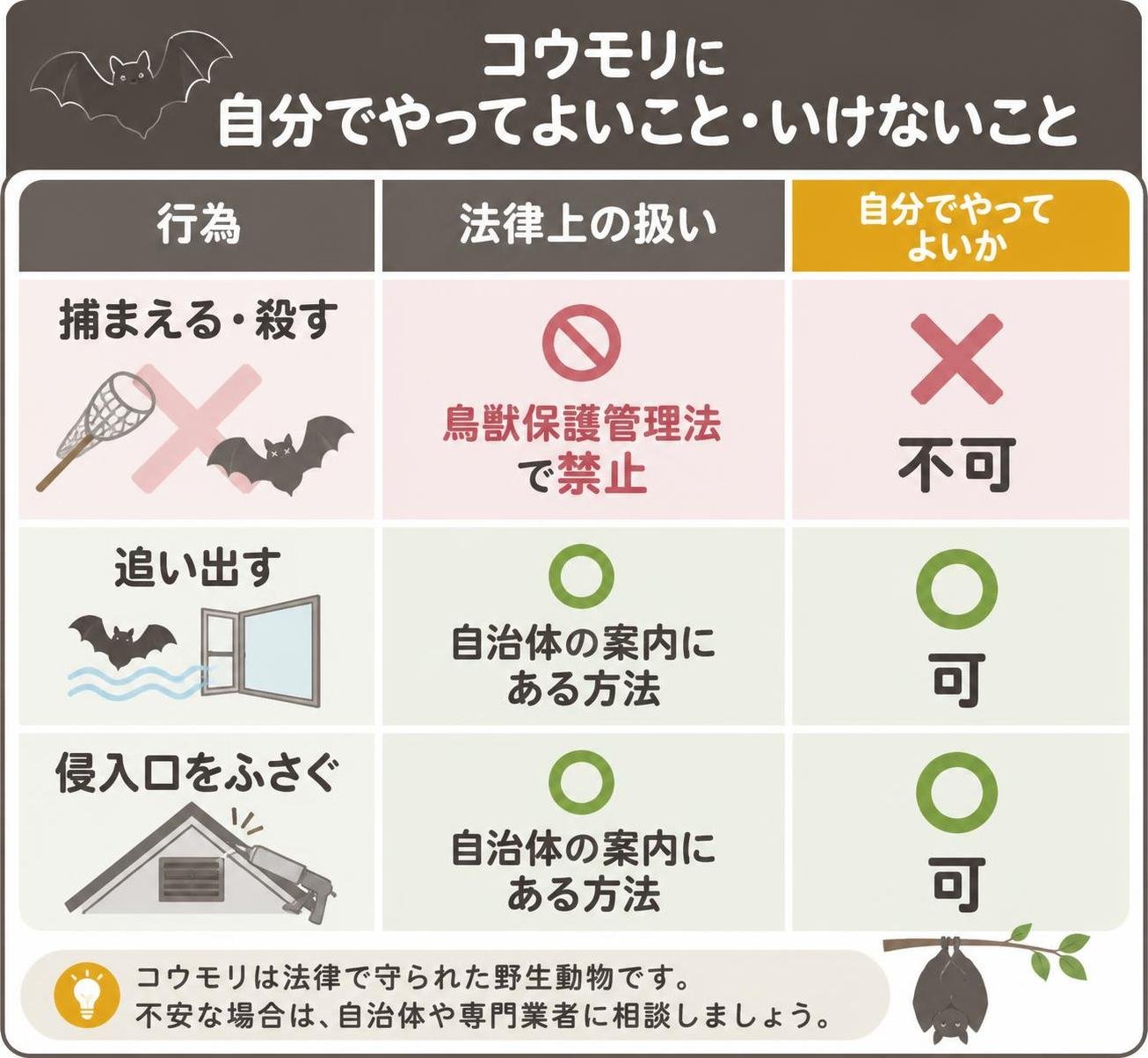 【比較表作成】コウモリに自分でやってよいこと・いけないこと。捕まえる・殺す: 法律上の扱い=鳥獣保護管理法で禁止, 自分でやってよいか=不可 / 追い出す: 法律上の扱い=自治体の案内にある方法, 自分でやってよいか=可 / 侵入口をふさぐ: 法律上の扱い=自治体の案内にある方法, 自分でやってよいか=可