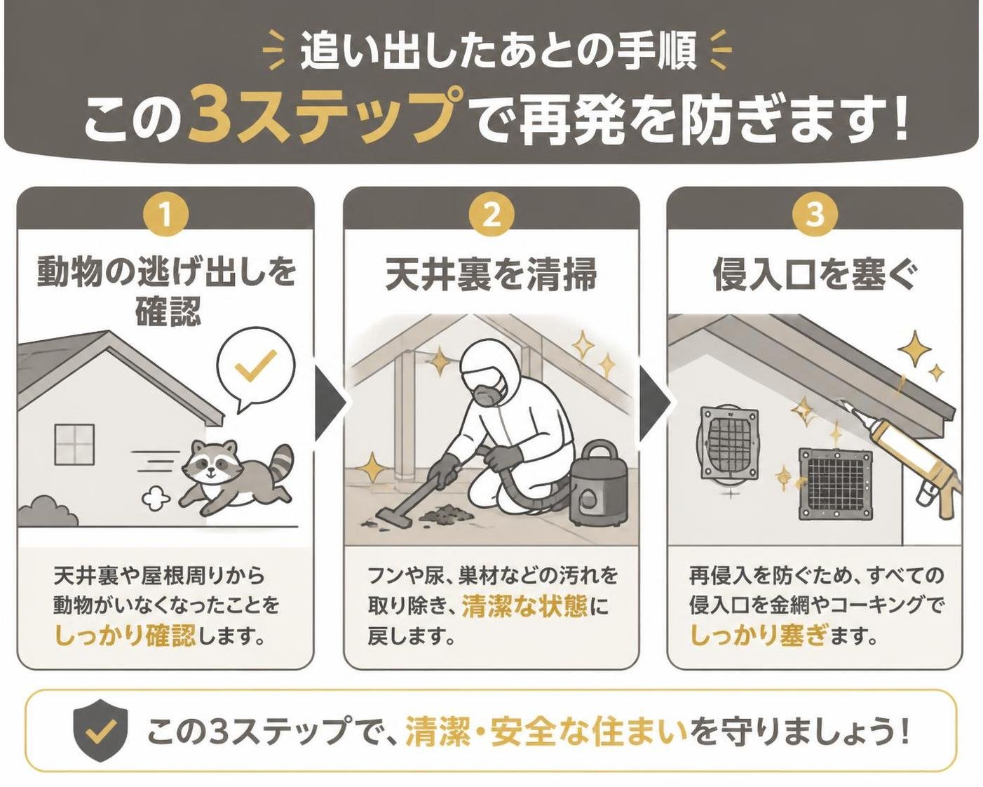 【ステップ作成】販売元が案内している追い出したあとの手順:動物の逃げ出しを確認→天井裏を清掃→侵入口を塞ぐ
