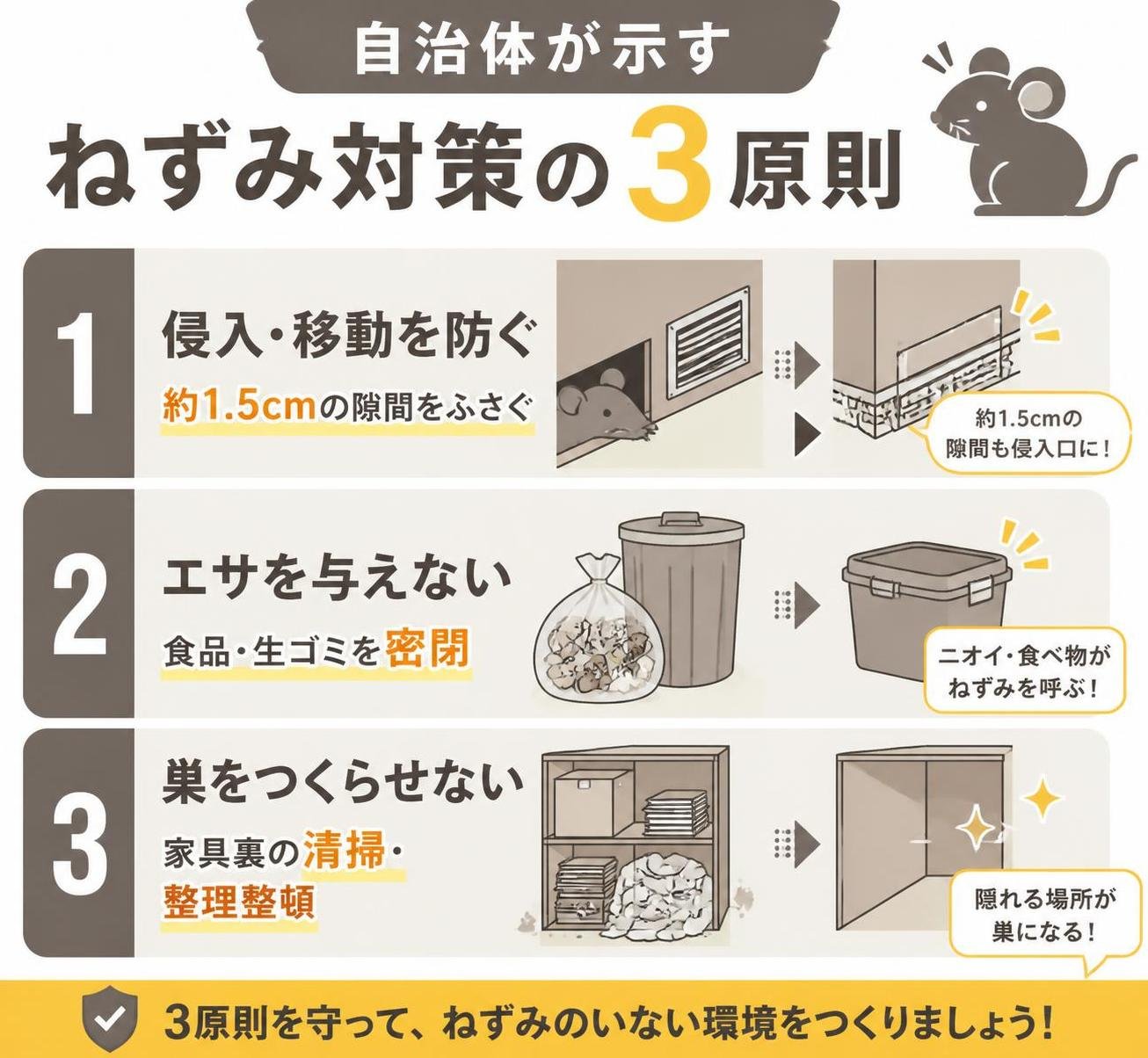 【ステップ作成】自治体が示すねずみ対策の3原則:侵入・移動を防ぐ（約1.5cmの隙間をふさぐ）→エサを与えない（食品・生ゴミを密閉）→巣をつくらせない（家具裏の清掃・整理整頓）