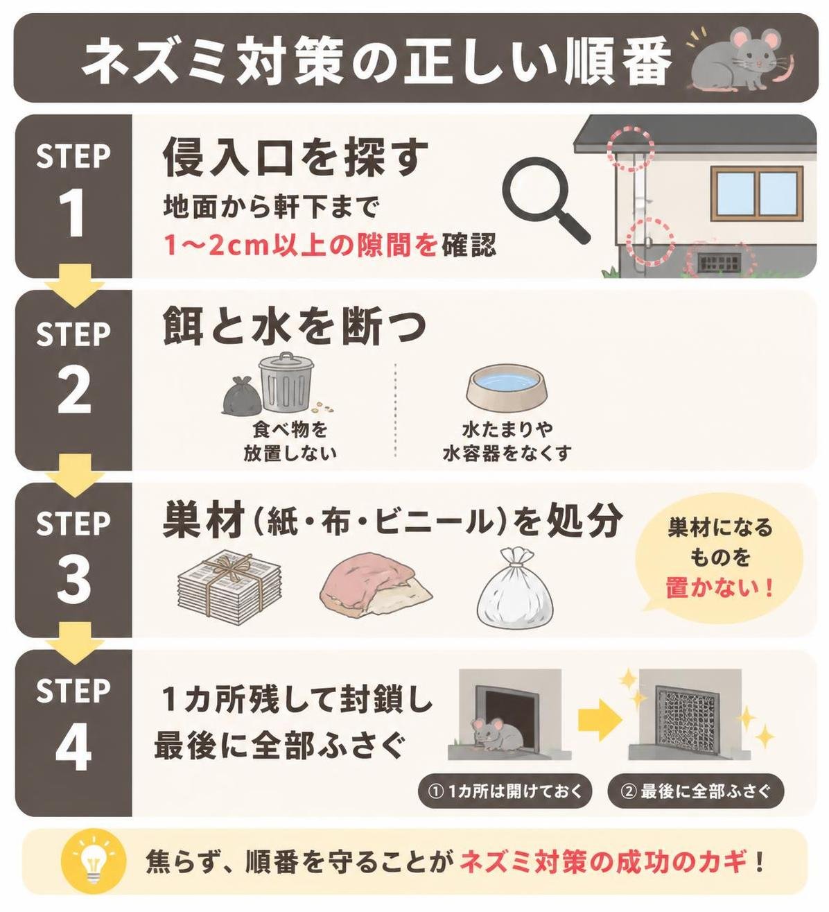 【ステップ作成】ネズミ対策の正しい順番:侵入口を探す(地面から軒下まで・1〜2cm以上の隙間)→餌と水を断つ→巣材(紙・布・ビニール)を処分→1カ所残して封鎖し最後に全部ふさぐ
