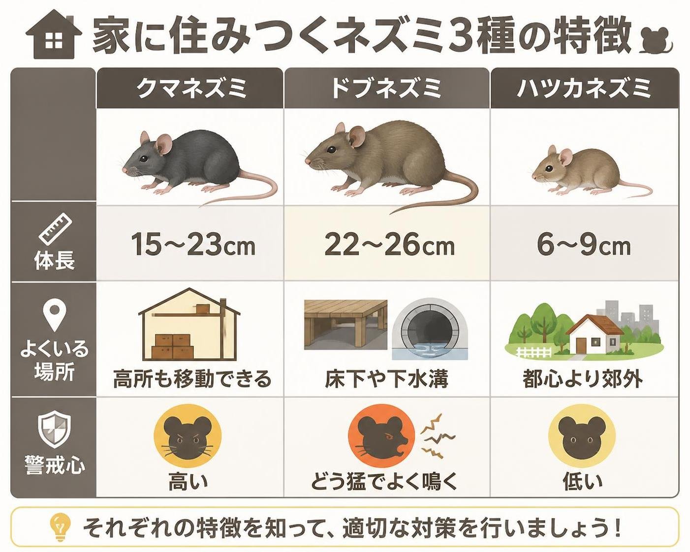 【比較表作成】家に住みつくネズミ3種の特徴。クマネズミ: 体長=15〜23cm, よくいる場所=高所も移動できる, 警戒心=高い / ドブネズミ: 体長=22〜26cm, よくいる場所=床下や下水溝, 警戒心=どう猛でよく鳴く / ハツカネズミ: 体長=6〜9cm, よくいる場所=都心より郊外, 警戒心=低い