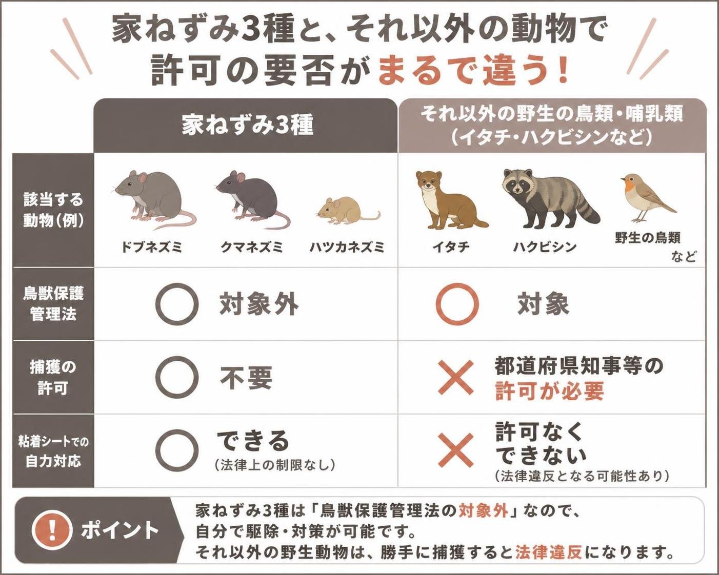 【比較表作成】家ねずみ3種と、それ以外の動物で許可の要否がまるで違う。ドブネズミ・クマネズミ・ハツカネズミ: 鳥獣保護管理法=対象外, 捕獲の許可=不要, 粘着シートでの自力対応=できる / それ以外の野生の鳥類・哺乳類(イタチ・ハクビシンなど): 鳥獣保護管理法=対象, 捕獲の許可=都道府県知事等の許可が必要, 粘着シートでの自力対応=許可なくできない