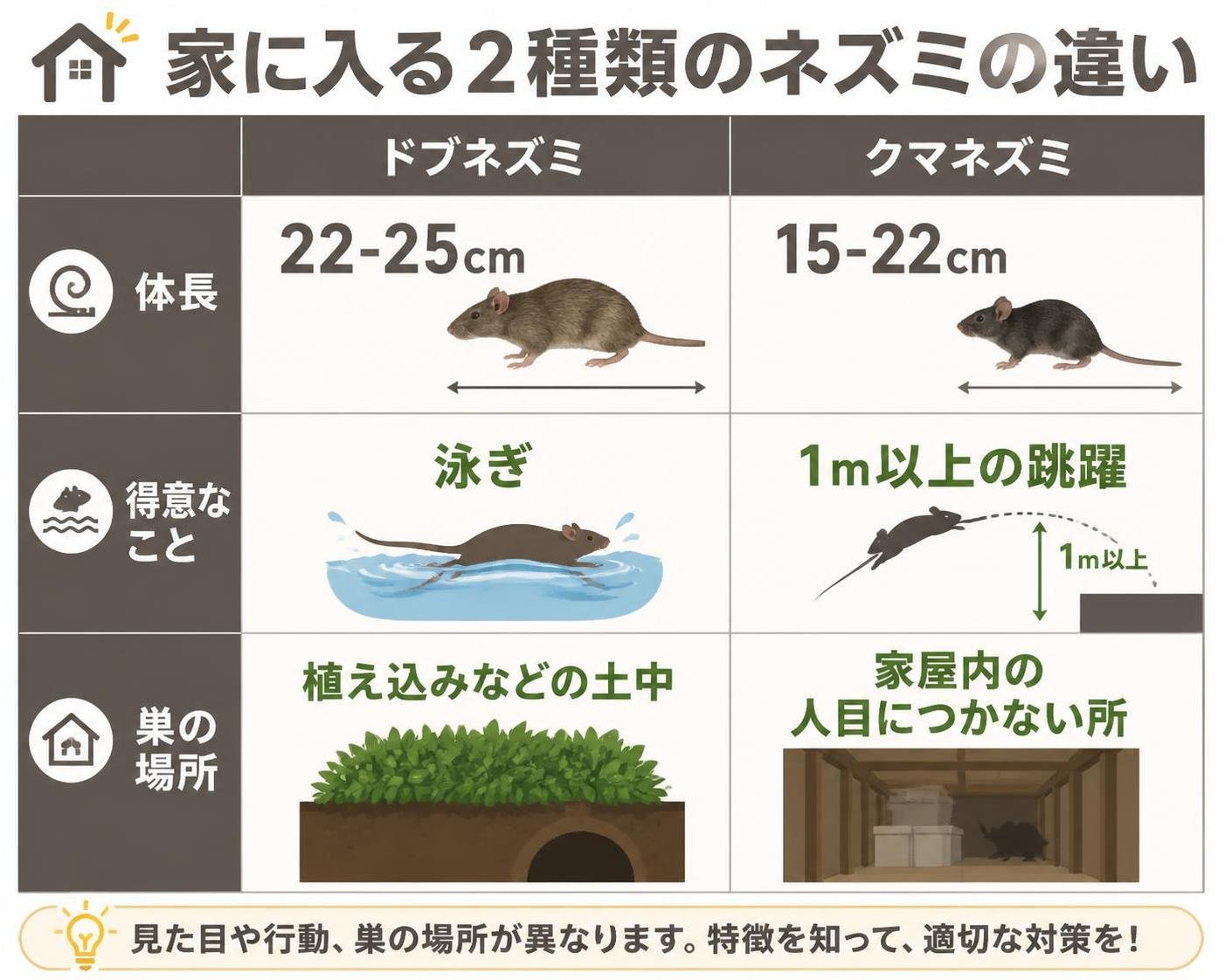 【比較表作成】家に入る2種類のネズミの違い。ドブネズミ: 体長=22-25cm, 得意なこと=泳ぎ, 巣の場所=植え込みなどの土中 / クマネズミ: 体長=15-22cm, 得意なこと=1m以上の跳躍, 巣の場所=家屋内の人目につかない所