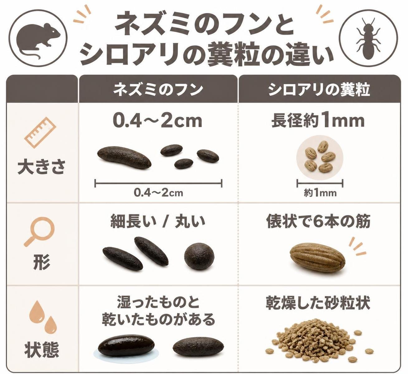 【比較表作成】ネズミのフンとシロアリの糞粒の違い。ネズミのフン: 大きさ=0.4〜2cm, 形=細長い/丸い, 状態=湿ったものと乾いたものがある / シロアリの糞粒: 大きさ=長径約1mm, 形=俵状で6本の筋, 状態=乾燥した砂粒状