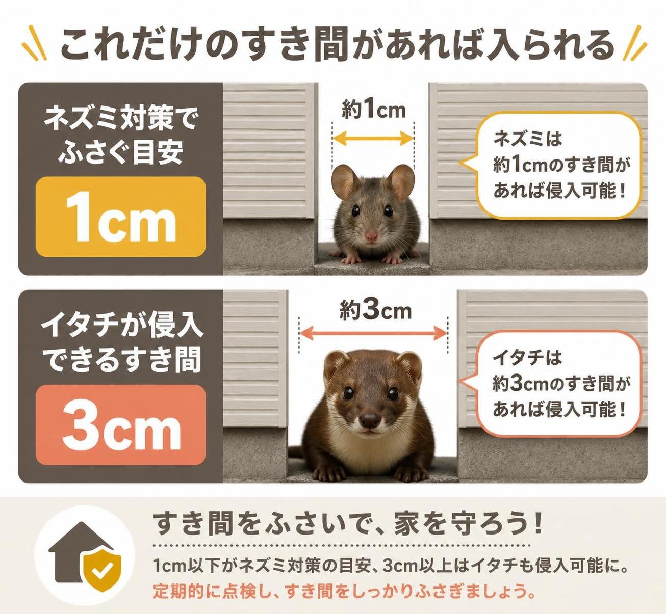 【横棒比較作成】これだけのすき間があれば入られる。ネズミ対策でふさぐ目安:1cm / イタチが侵入できるすき間:3cm