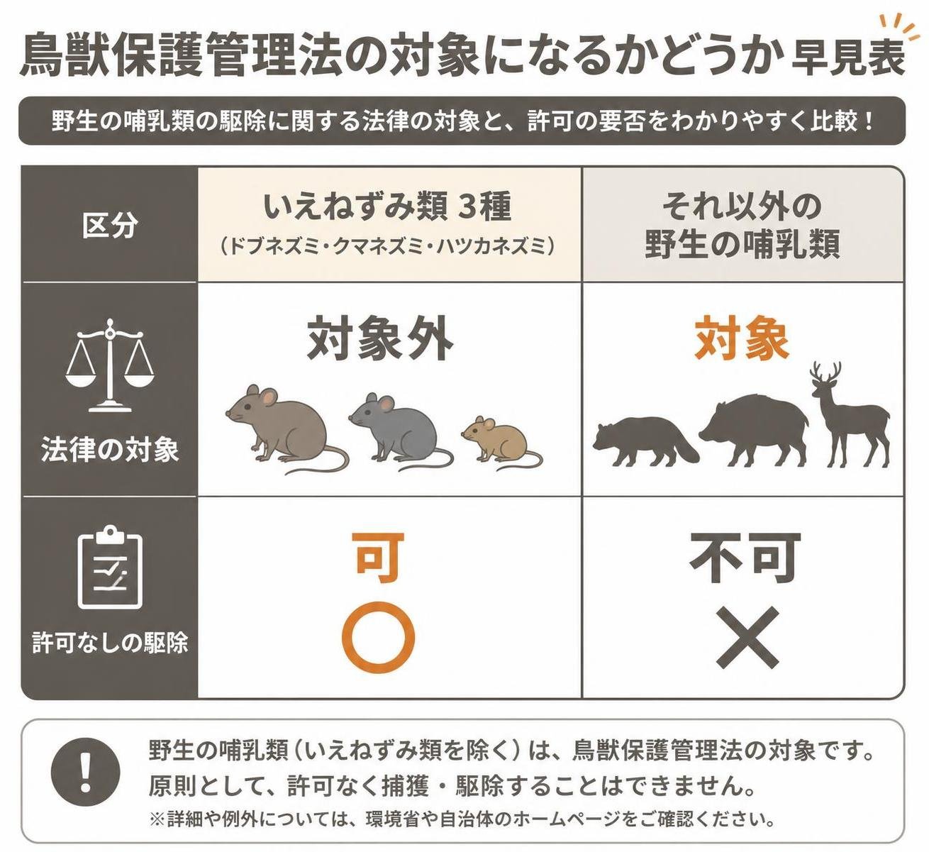 【比較表作成】鳥獣保護管理法の対象になるかどうかの早見表。いえねずみ類3種: 法律の対象=対象外, 許可なしの駆除=可 / それ以外の野生の哺乳類: 法律の対象=対象, 許可なしの駆除=不可