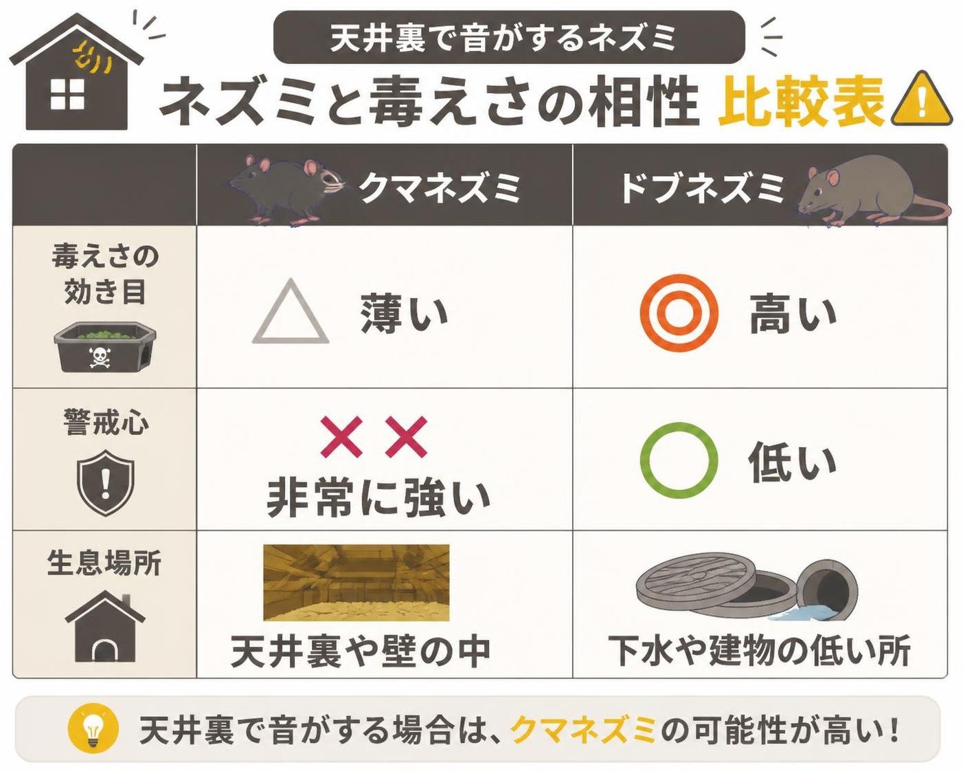 【比較表作成】天井裏で音がするネズミと毒えさの相性。クマネズミ: 毒えさの効き目=薄い, 警戒心=非常に強い, 生息場所=天井裏や壁の中 / ドブネズミ: 毒えさの効き目=高い, 警戒心=低い, 生息場所=下水や建物の低い所